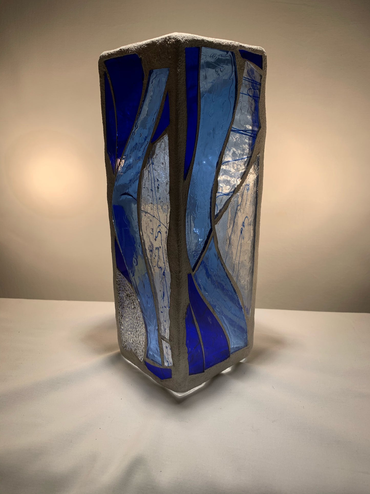 "The Blue Wind" Stained Glass Candle Holder – Sky Blue and Crystal Clear Glass with White Grout