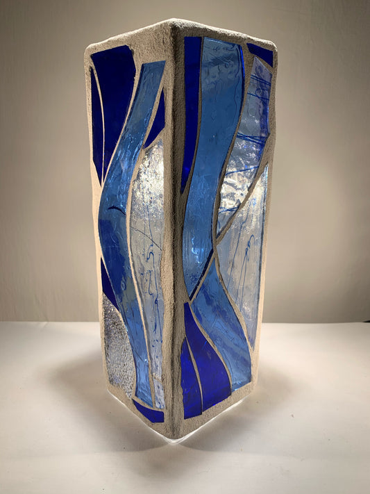 "The Blue Wind" Stained Glass Candle Holder – Sky Blue and Crystal Clear Glass with White Grout