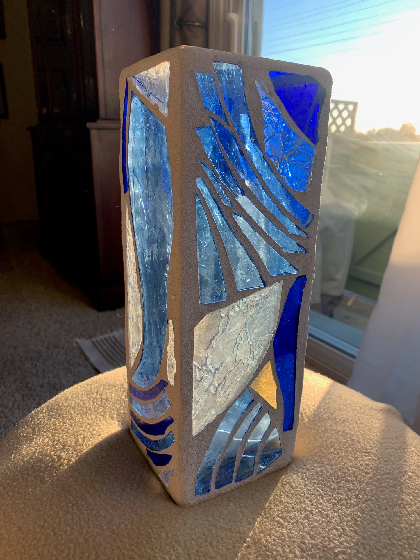 "The Blue Wind" Stained Glass Candle Holder – Sky Blue and Crystal Clear Glass with White Grout