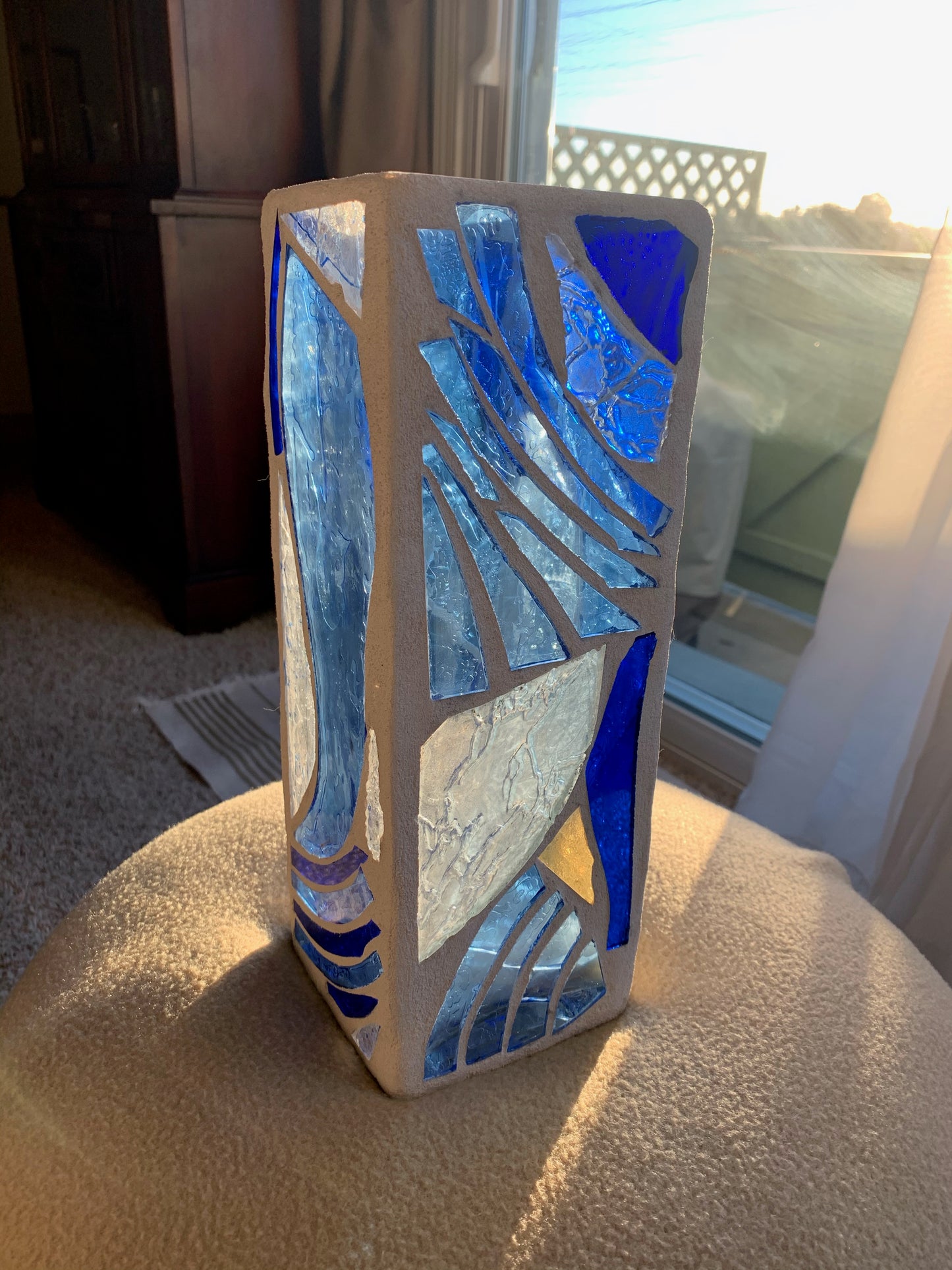 "The Blue Wind" Stained Glass Candle Holder – Sky Blue and Crystal Clear Glass with White Grout