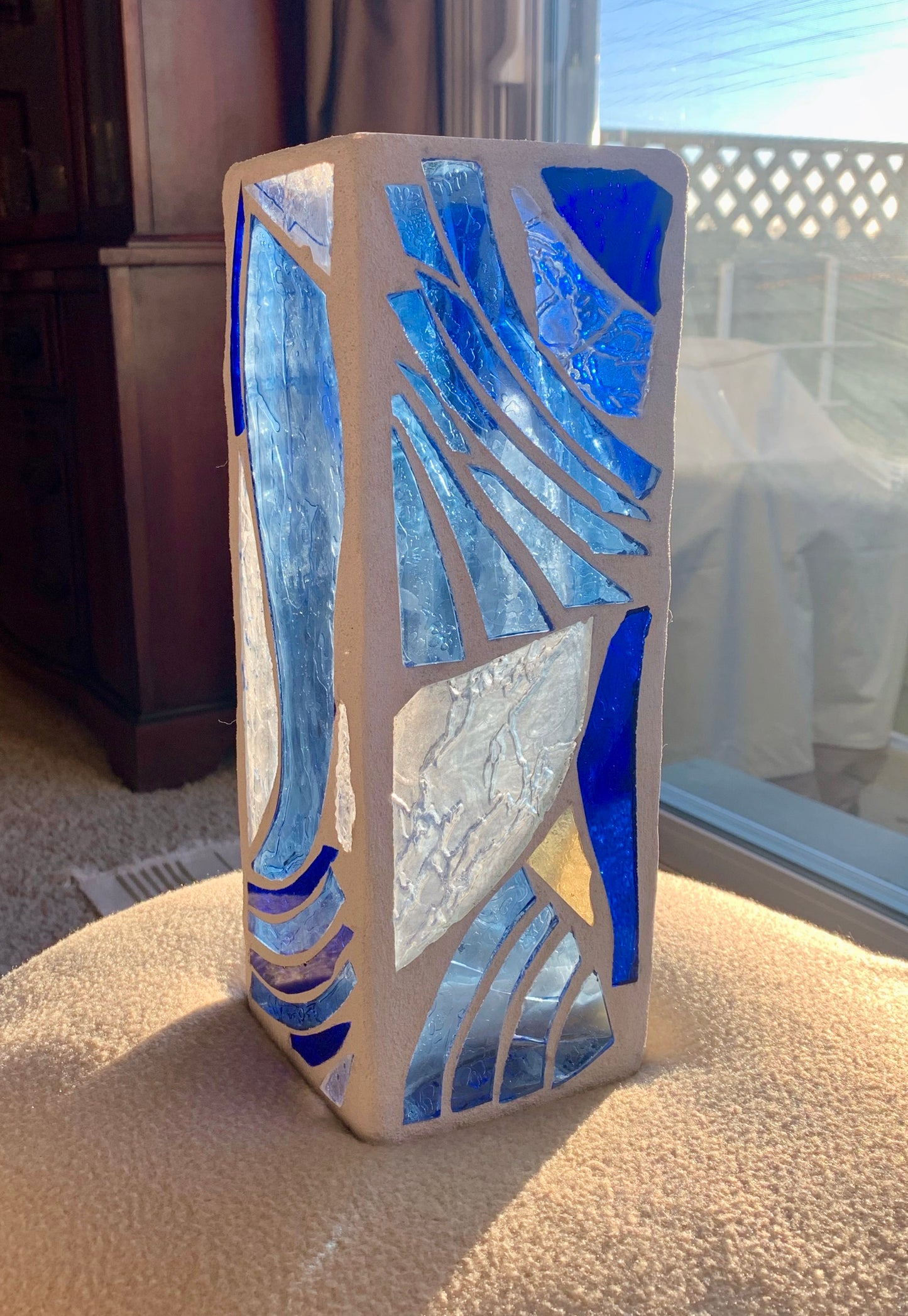 "The Blue Wind" Stained Glass Candle Holder – Sky Blue and Crystal Clear Glass with White Grout