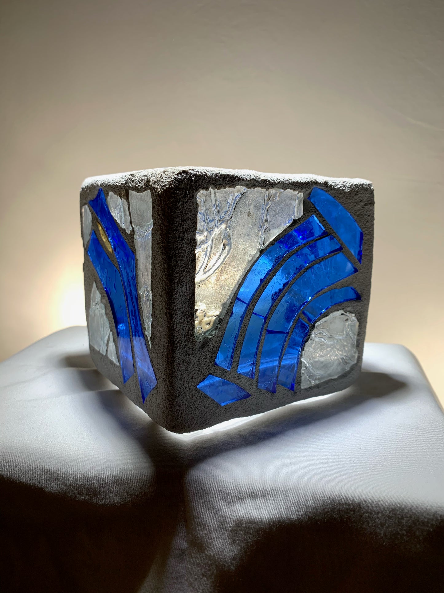 "Siren's Song" - 4x4x4 Blue Stained Glass Candleholder with Clear Accents