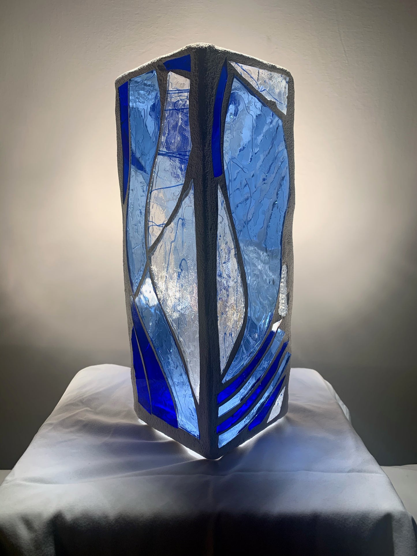 "The Blue Wind" Stained Glass Candle Holder – Sky Blue and Crystal Clear Glass with White Grout