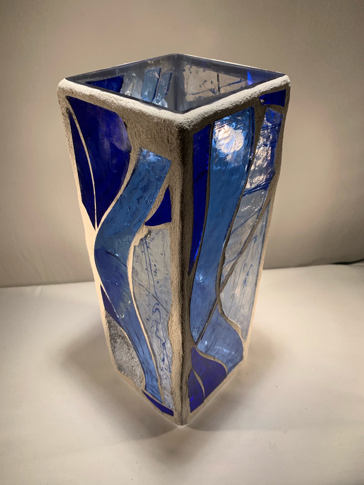 "The Blue Wind" Stained Glass Candle Holder – Sky Blue and Crystal Clear Glass with White Grout