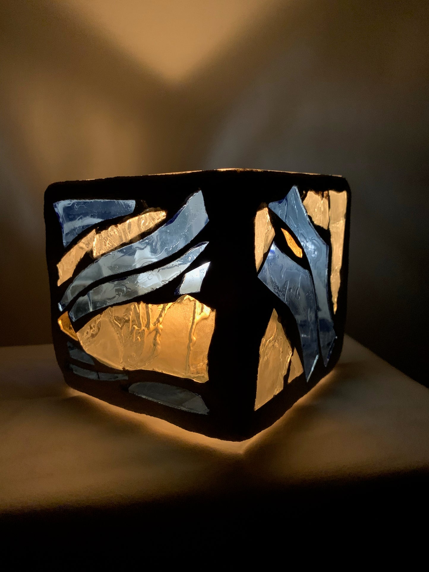 "Siren's Song" - 4x4x4 Blue Stained Glass Candleholder with Clear Accents