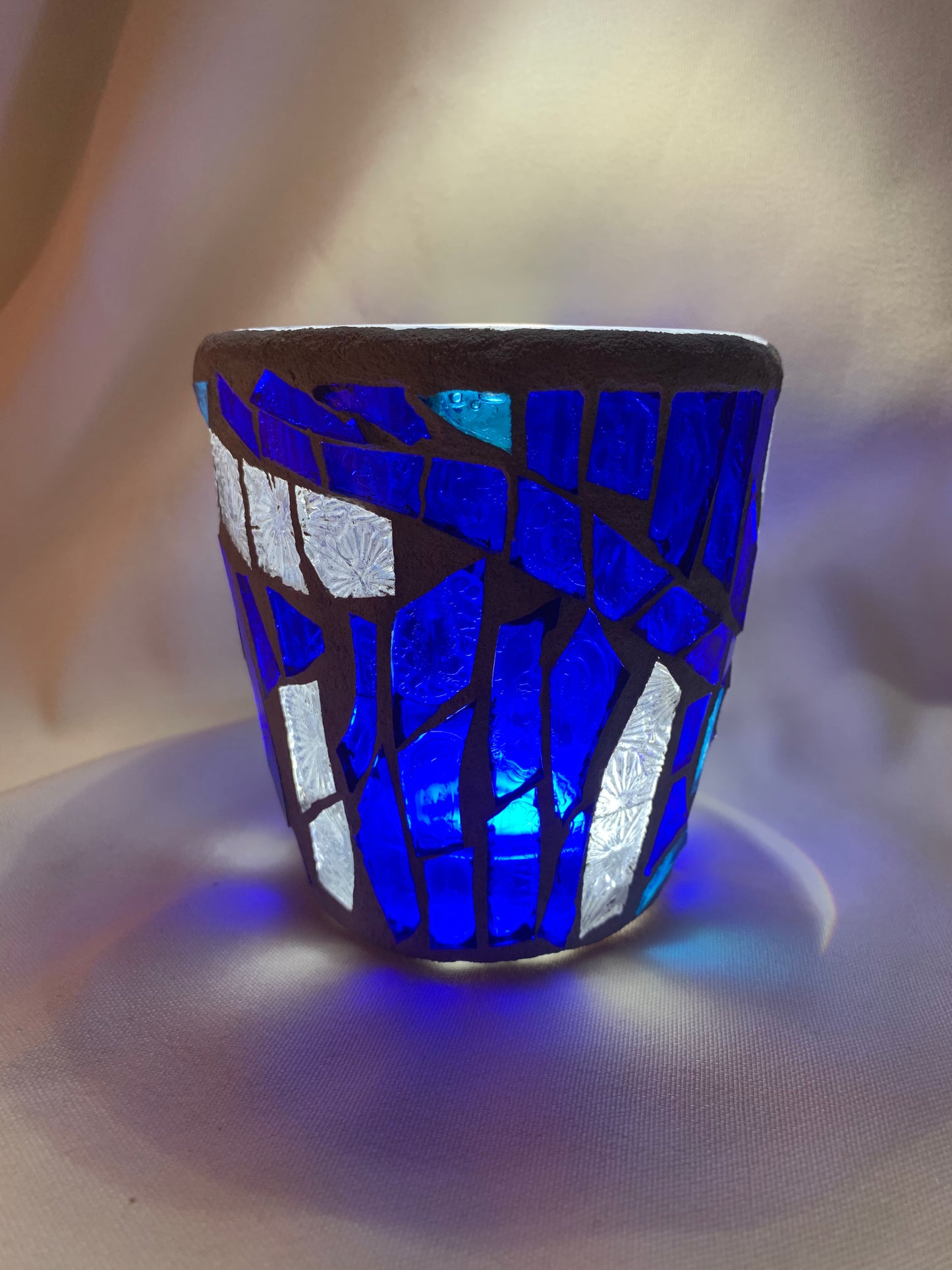 "Blue Crystal"  Stained Glass Candle Holder – Blue and Clear Glass with Delorean Gray Grout | Cathedral Candles"