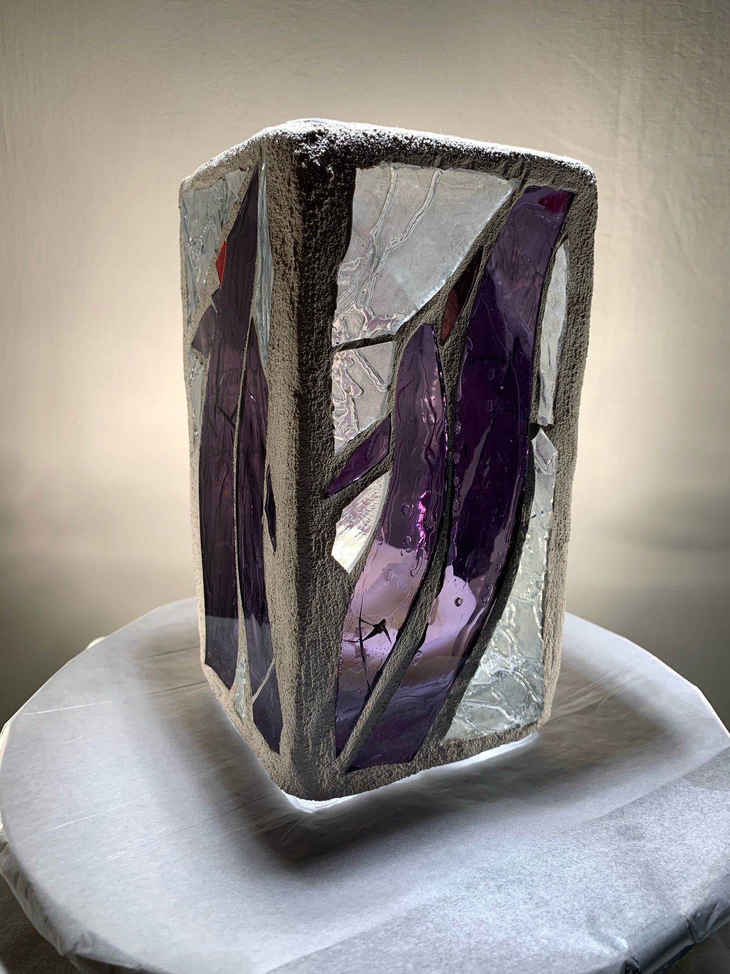 "Family" Stained Glass Candleholder, 8x4 with Purple, Blue, and Crystal Clear Design - Cathedral Candles by Martsolf Design