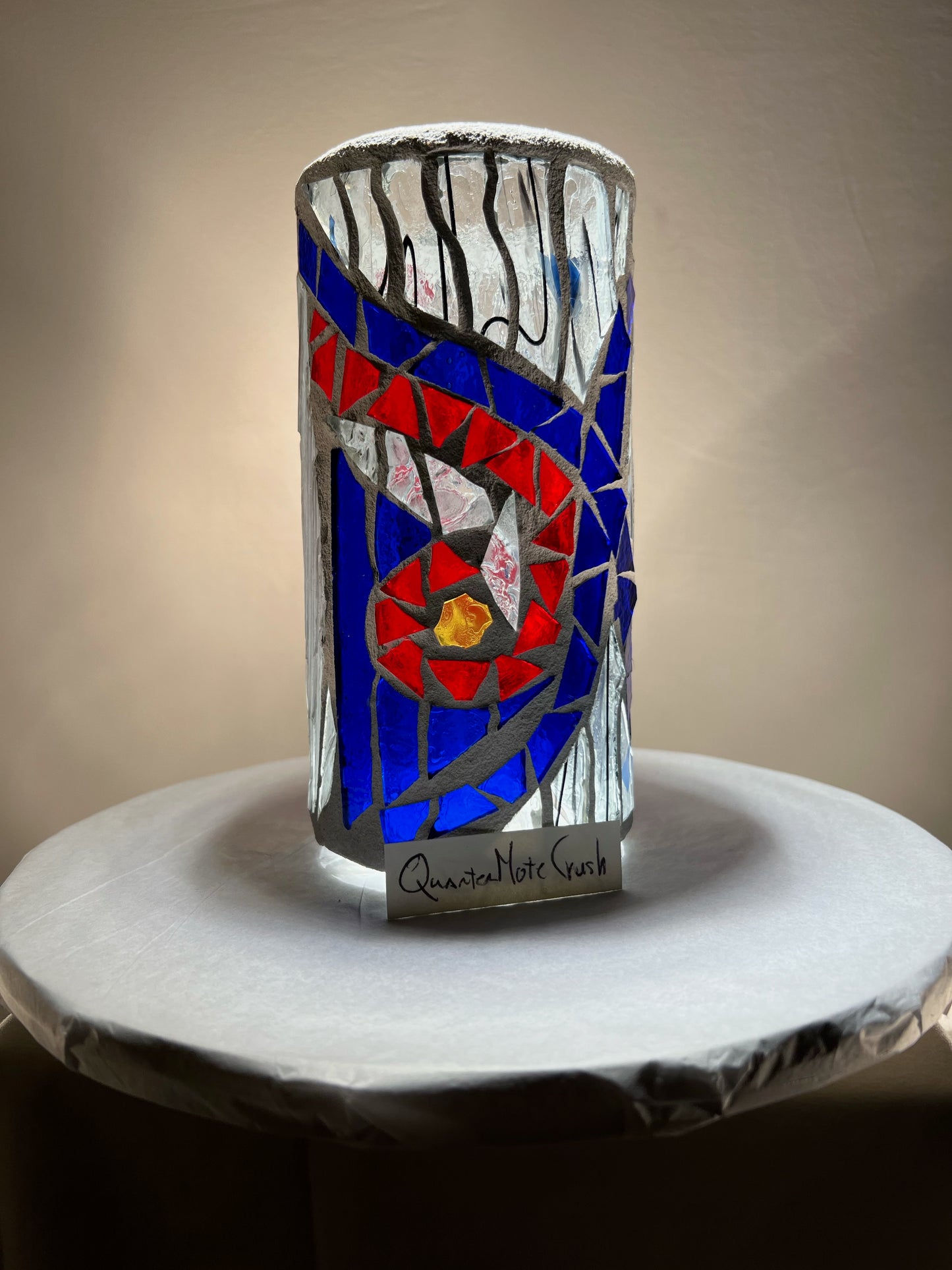 "Quarter Note Crush" - Cobalt Blue & Fiery Red Stained Glass Candleholder