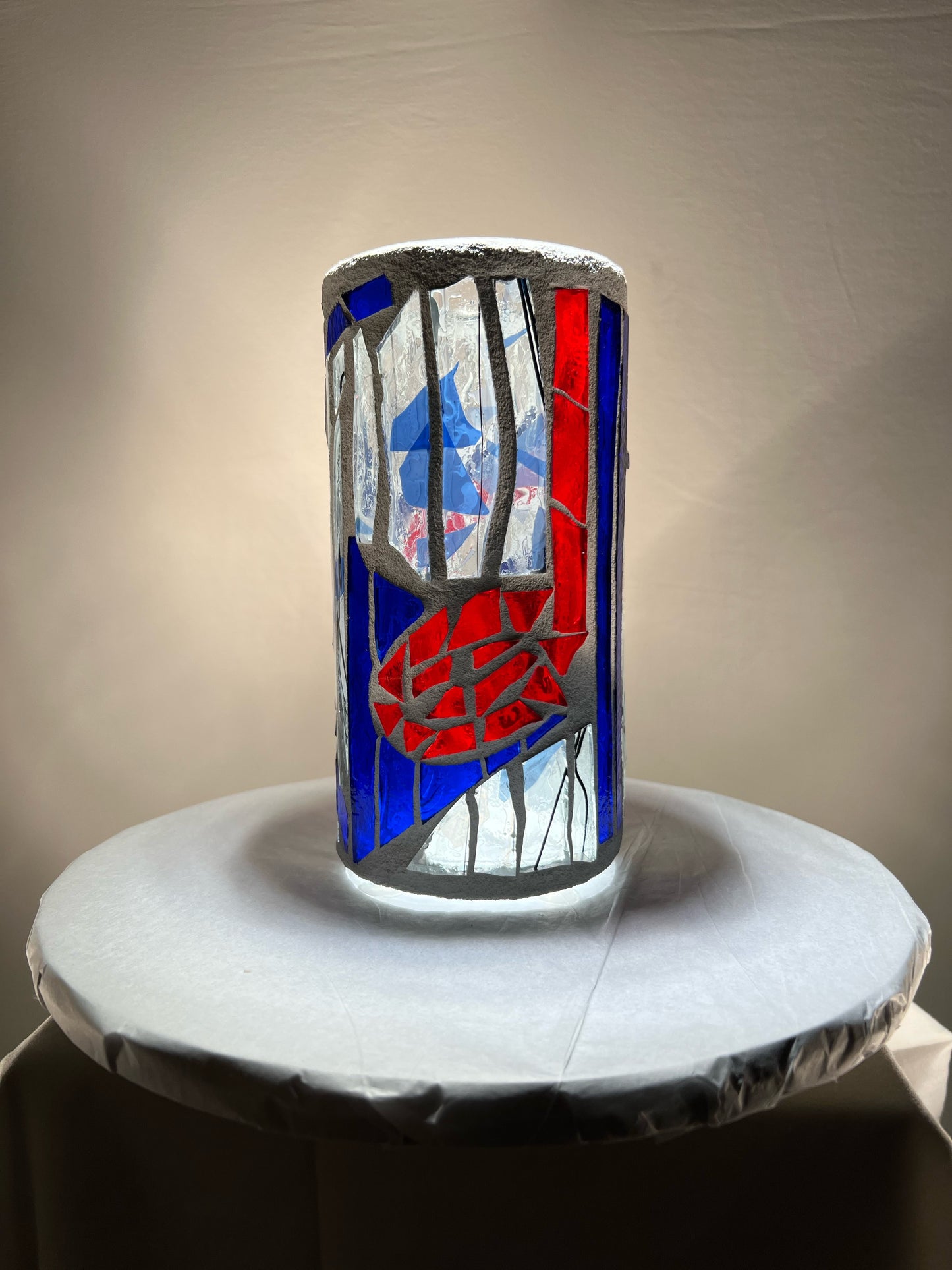 "Quarter Note Crush" - Cobalt Blue & Fiery Red Stained Glass Candleholder
