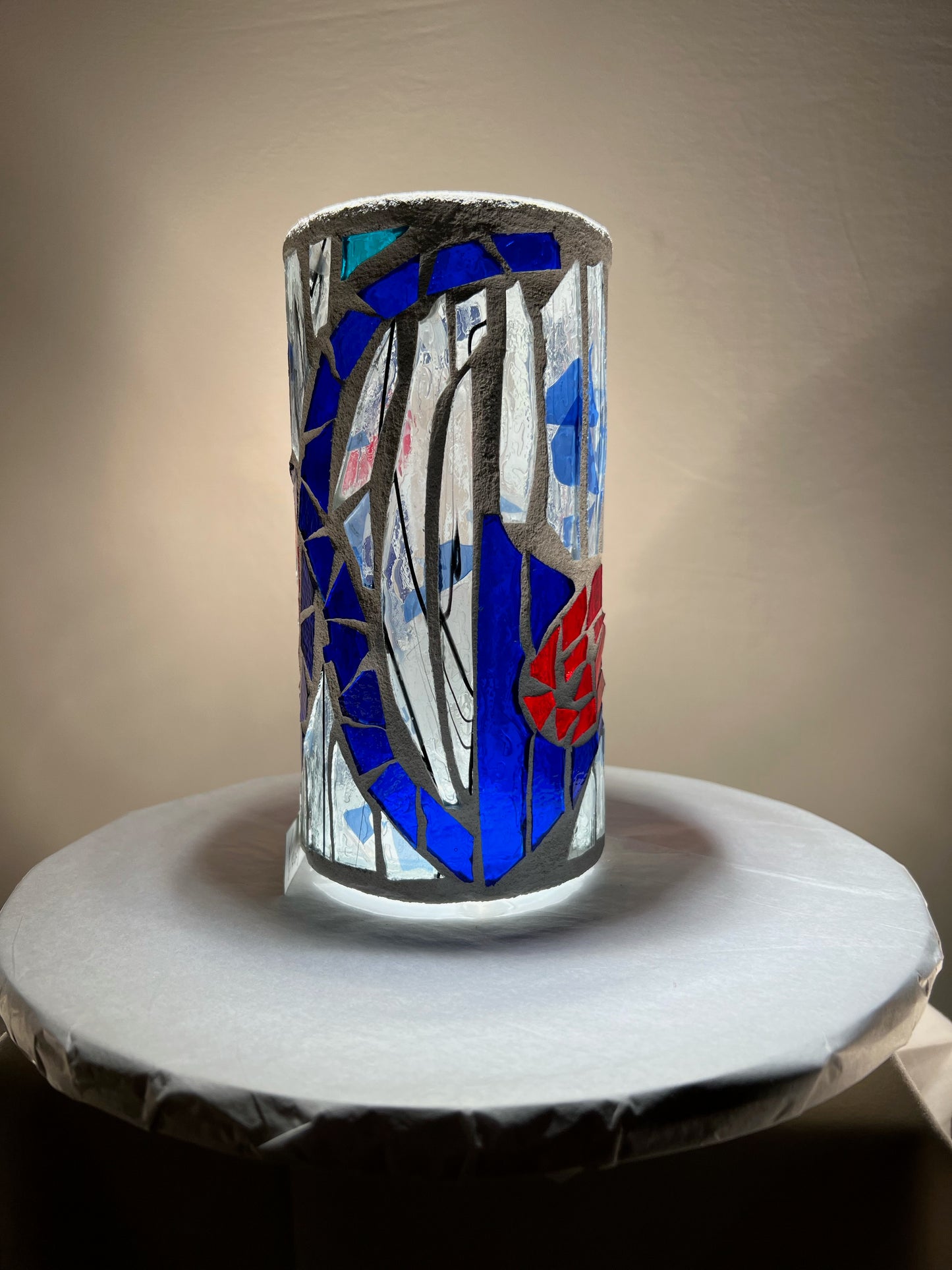 "Quarter Note Crush" - Cobalt Blue & Fiery Red Stained Glass Candleholder