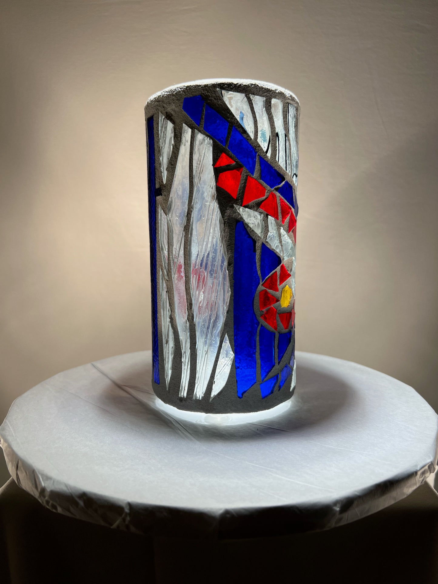 "Quarter Note Crush" - Cobalt Blue & Fiery Red Stained Glass Candleholder