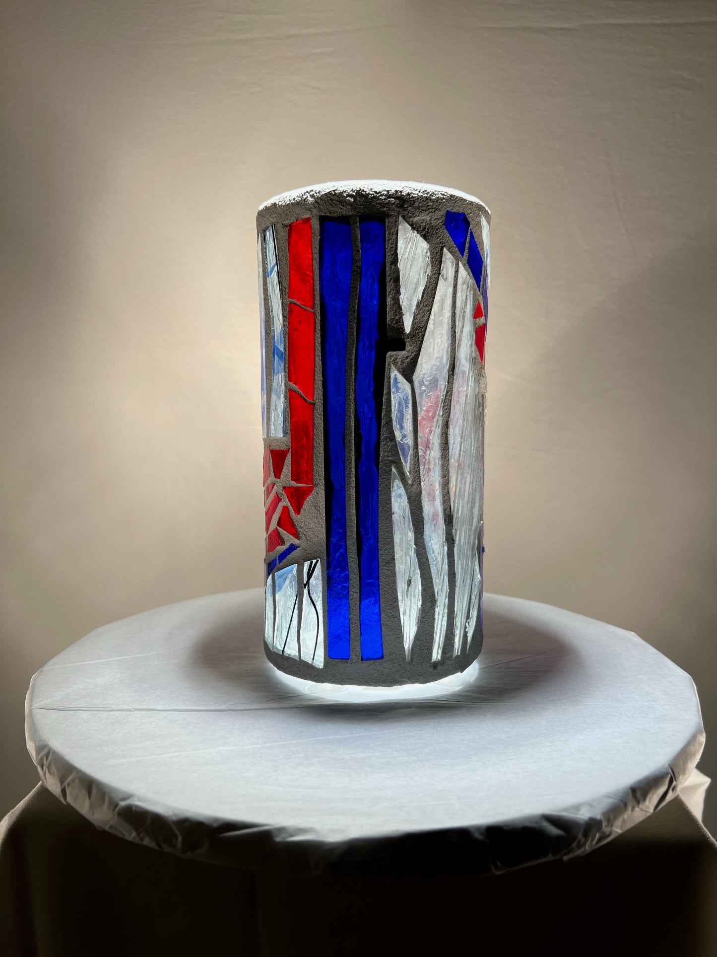 "Quarter Note Crush" - Cobalt Blue & Fiery Red Stained Glass Candleholder