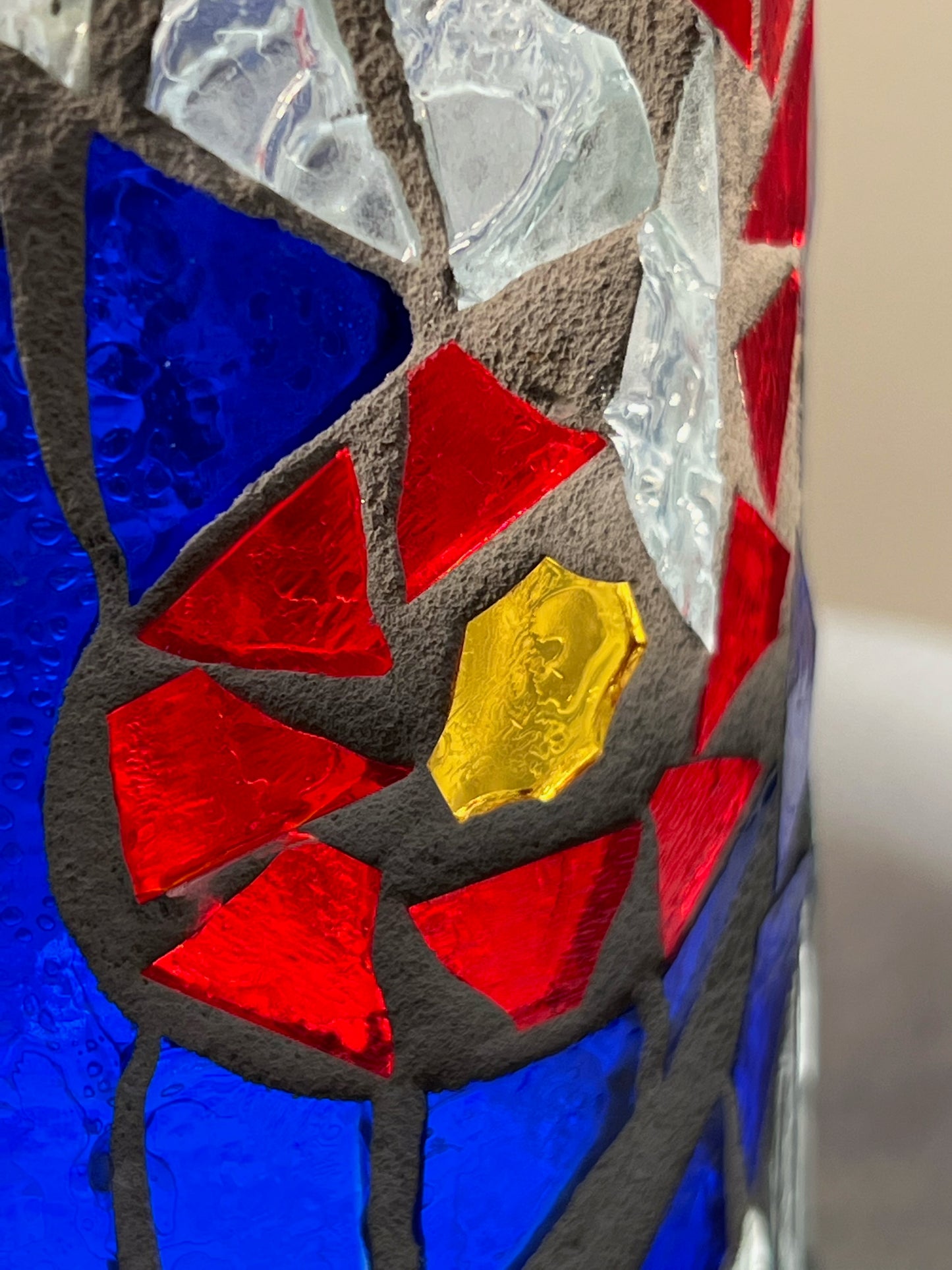 "Quarter Note Crush" - Cobalt Blue & Fiery Red Stained Glass Candleholder