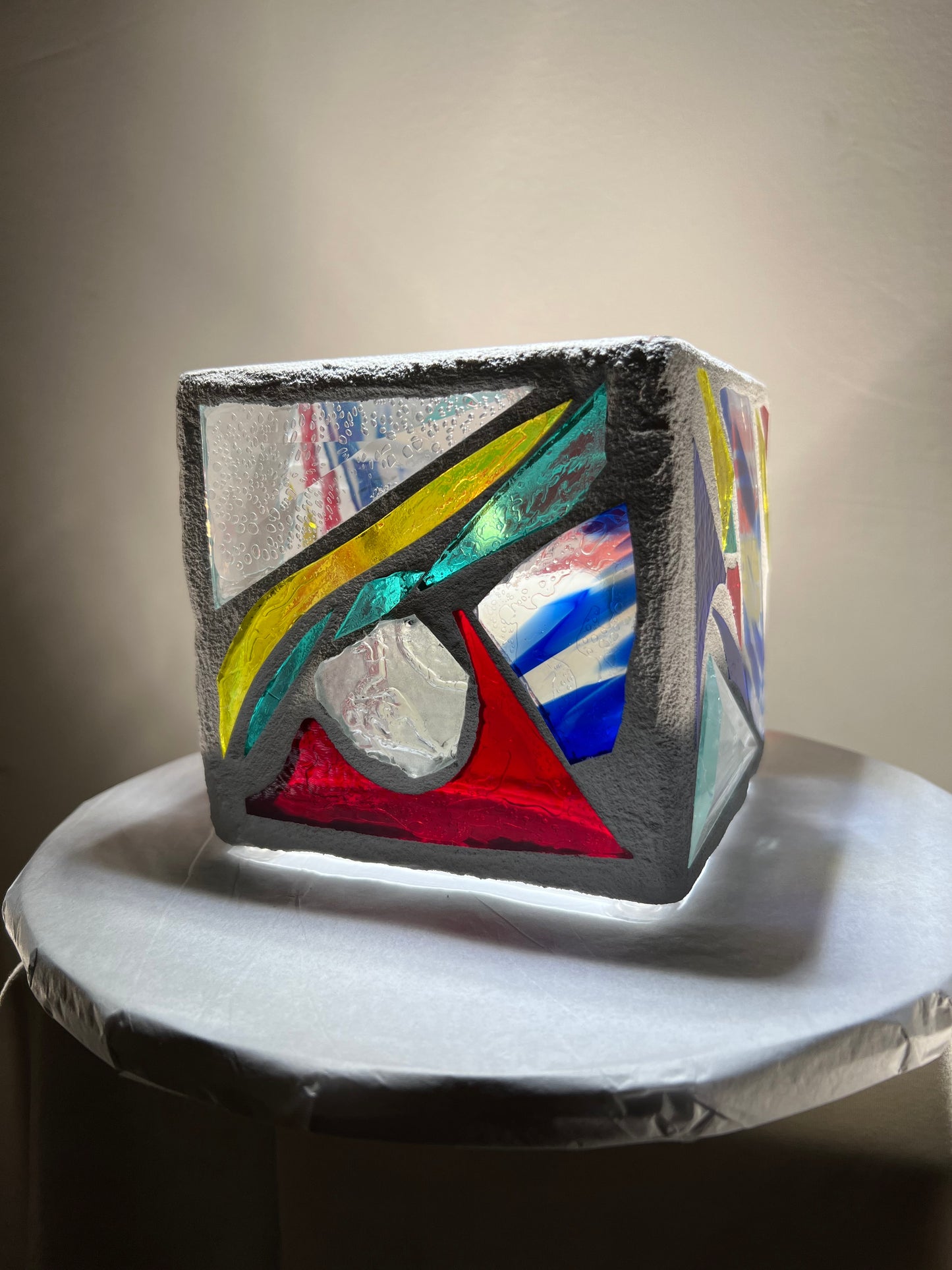 "Obtuse Triangle" Stained Glass Candleholder, 5x5 with Vibrant Carnival Colors - Cathedral Candles by Martsolf Design