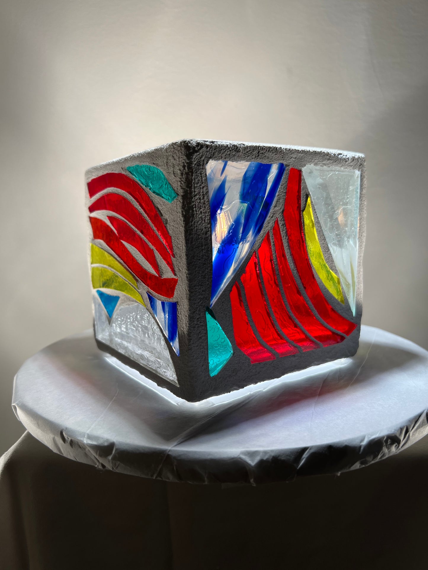 "Obtuse Triangle" Stained Glass Candleholder, 5x5 with Vibrant Carnival Colors - Cathedral Candles by Martsolf Design