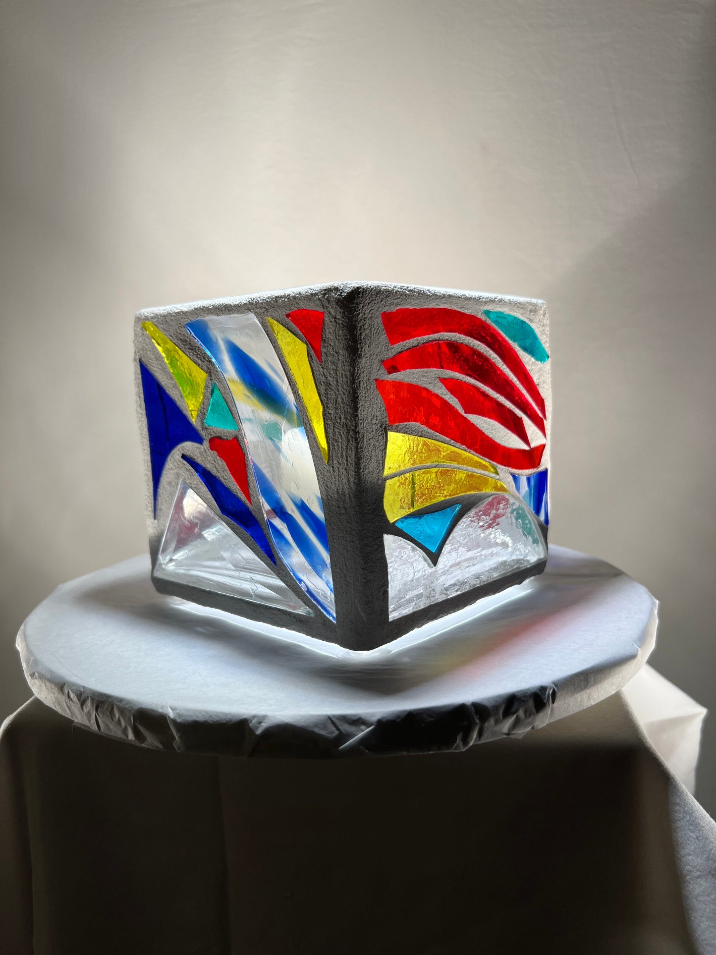 "Obtuse Triangle" Stained Glass Candleholder, 5x5 with Vibrant Carnival Colors - Cathedral Candles by Martsolf Design