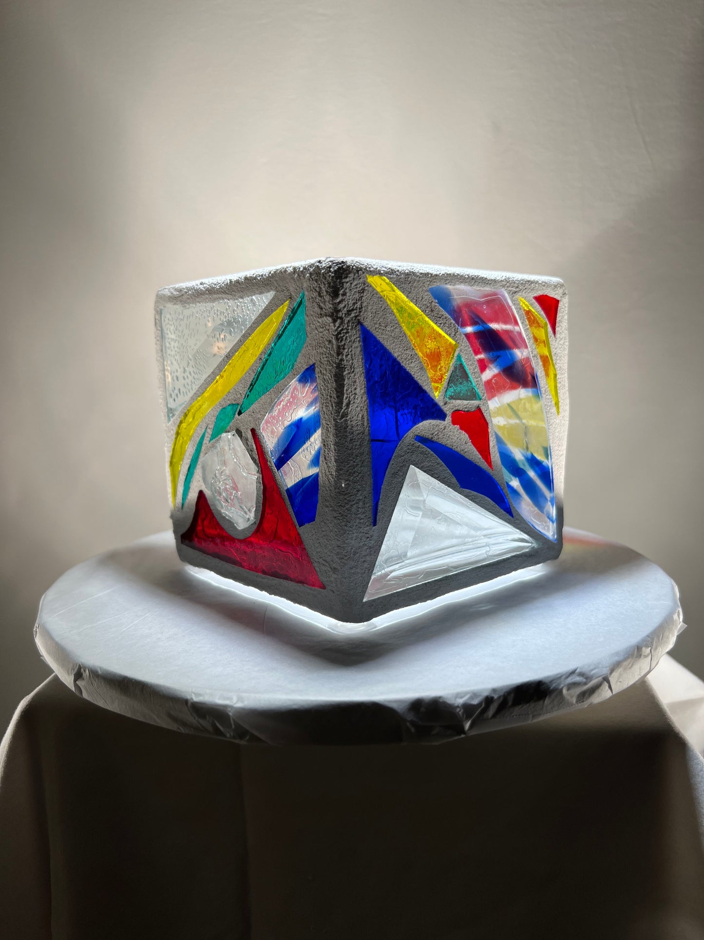 "Obtuse Triangle" Stained Glass Candleholder, 5x5 with Vibrant Carnival Colors - Cathedral Candles by Martsolf Design