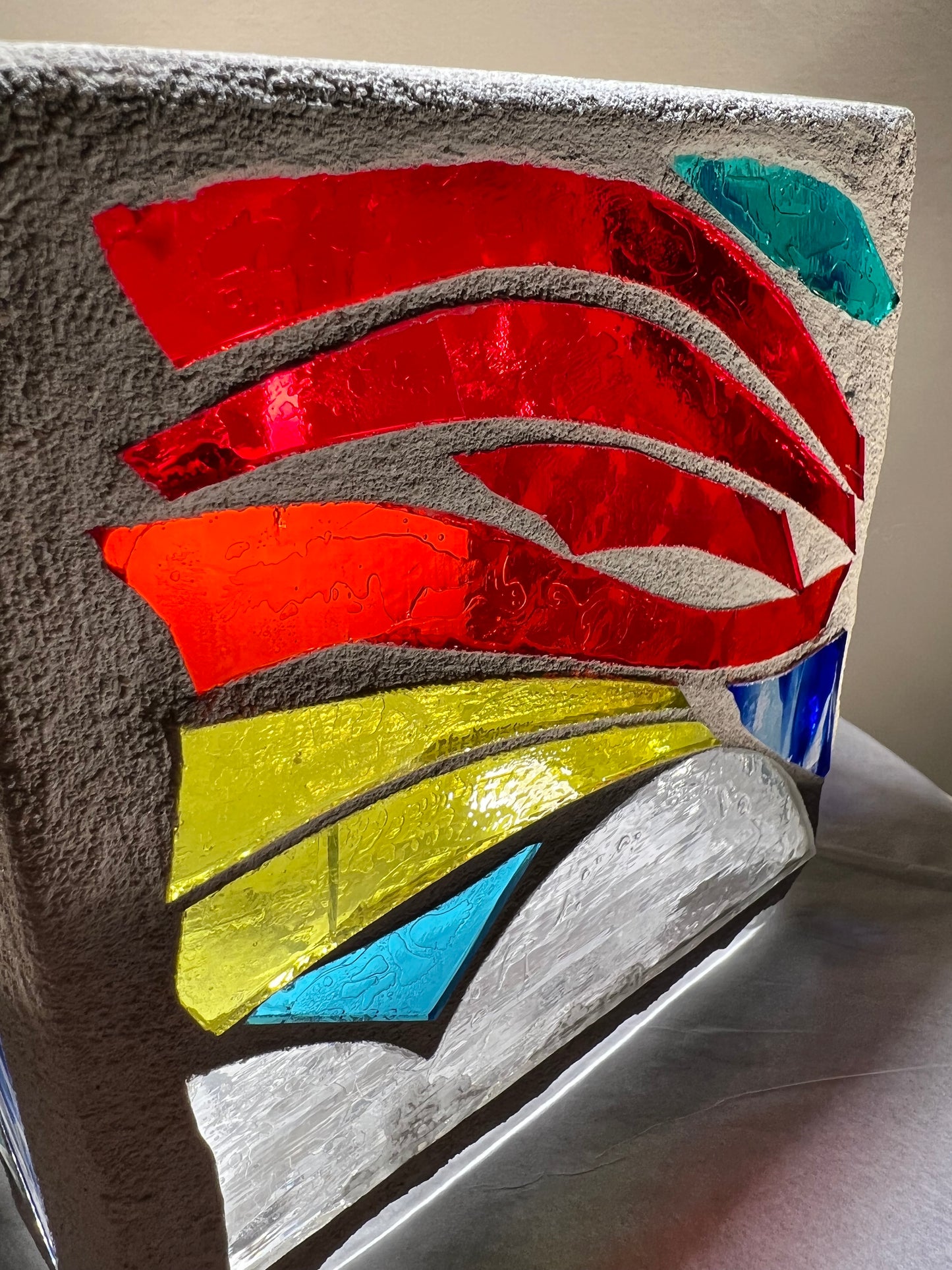 "Obtuse Triangle" Stained Glass Candleholder, 5x5 with Vibrant Carnival Colors - Cathedral Candles by Martsolf Design