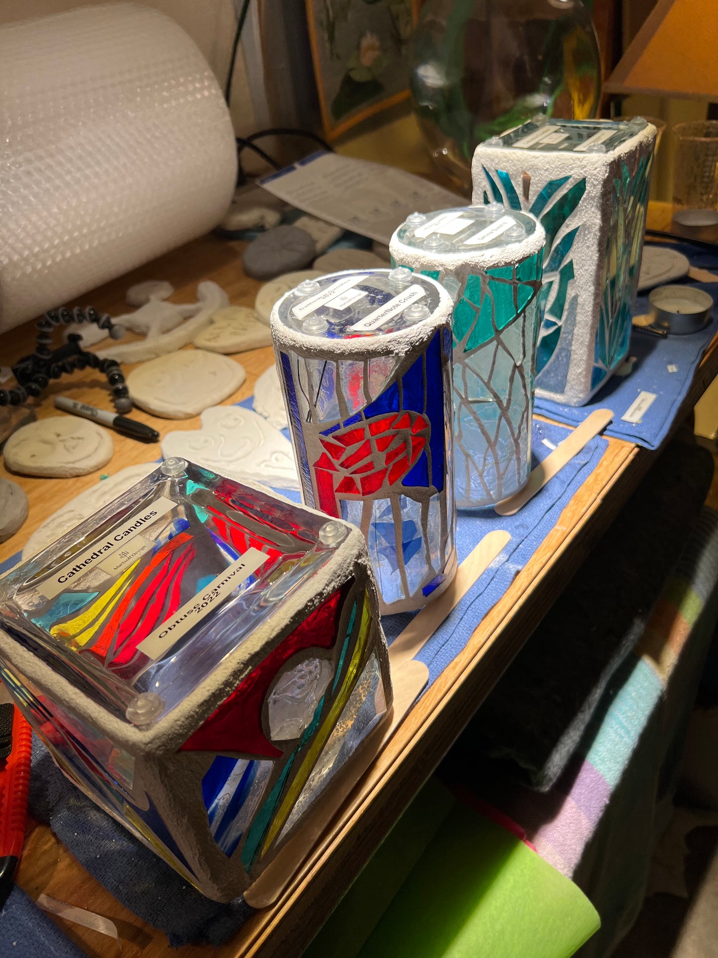 "Obtuse Triangle" Stained Glass Candleholder, 5x5 with Vibrant Carnival Colors - Cathedral Candles by Martsolf Design