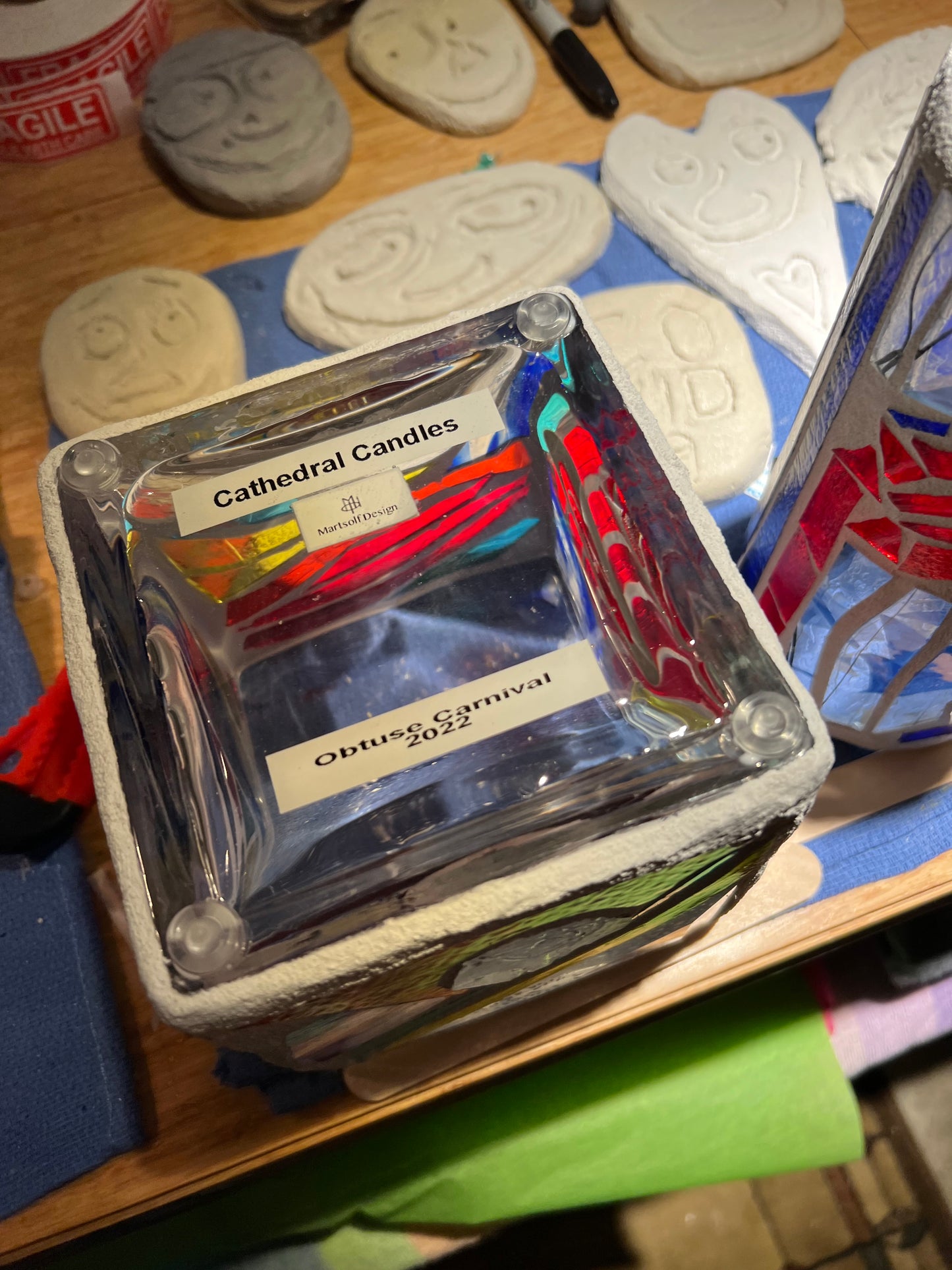 "Obtuse Triangle" Stained Glass Candleholder, 5x5 with Vibrant Carnival Colors - Cathedral Candles by Martsolf Design