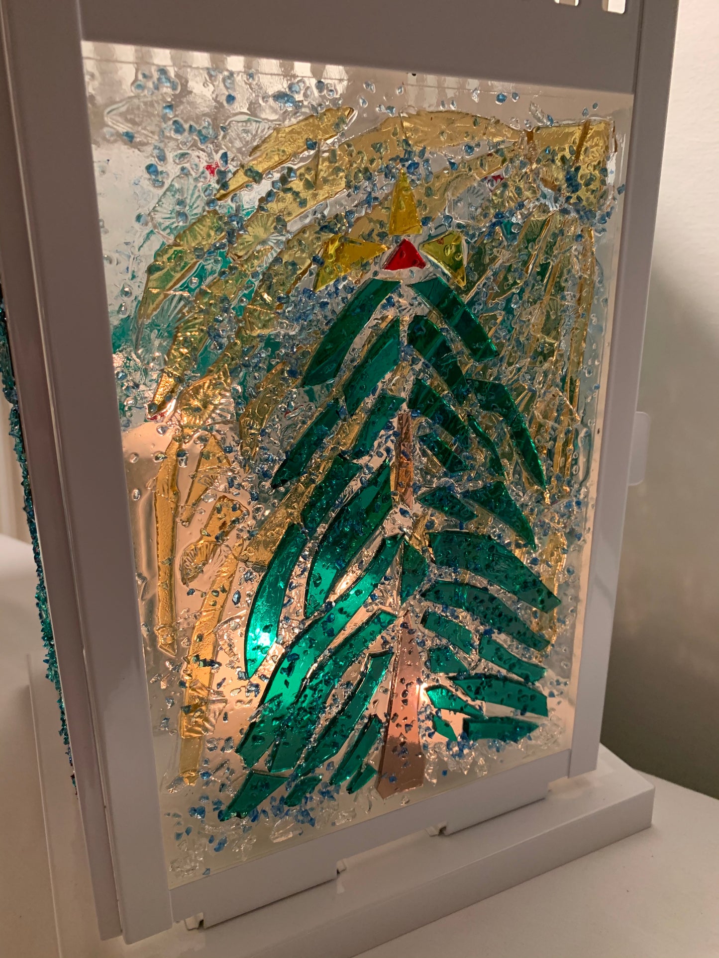 "Christmas Forest 2" Stained Glass Lantern – 15” Tall, Perfect for Holiday Decor