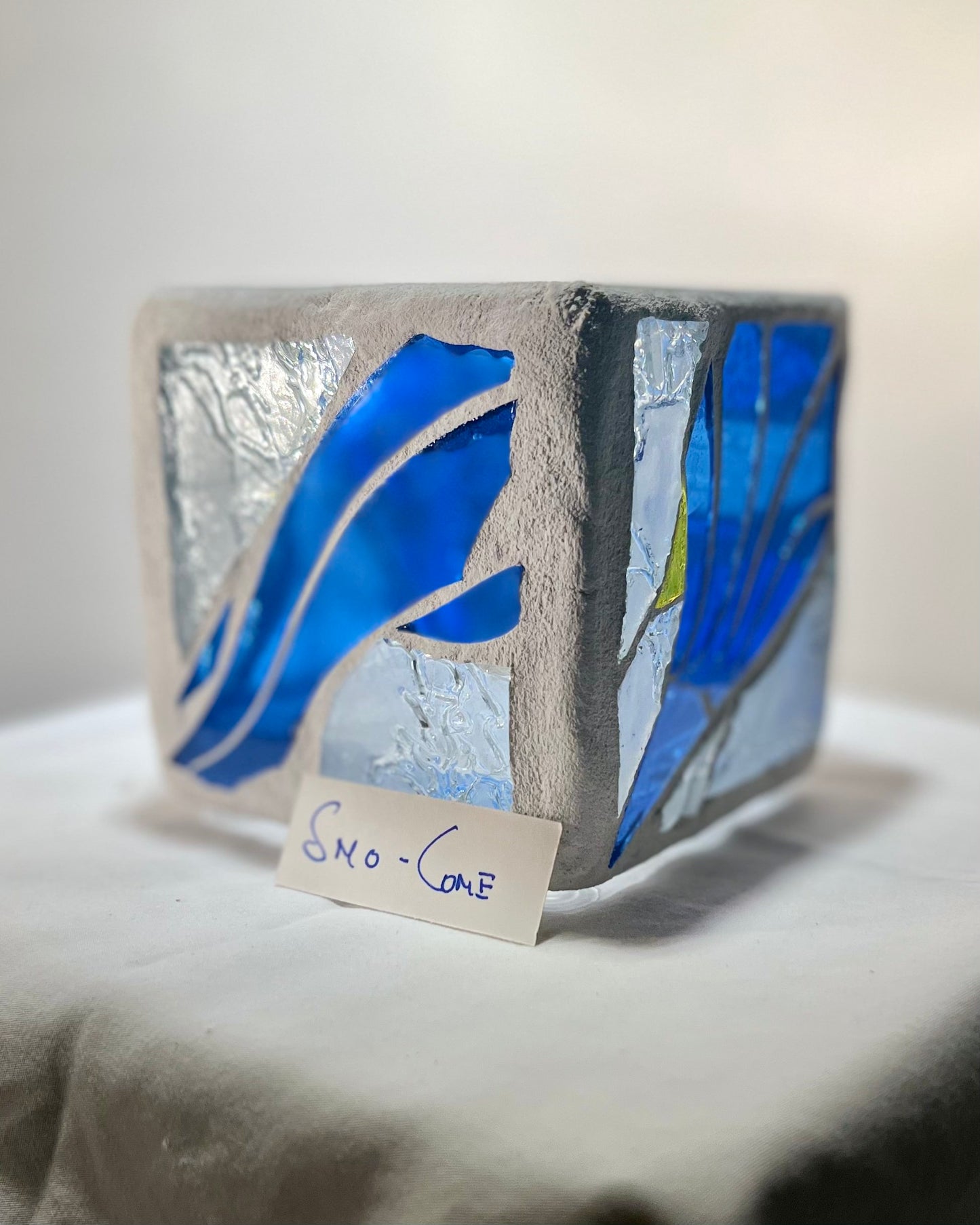 "Sno-Cone" Stained Glass Candleholder, Cool blue and clear glass for summer, or anytime!