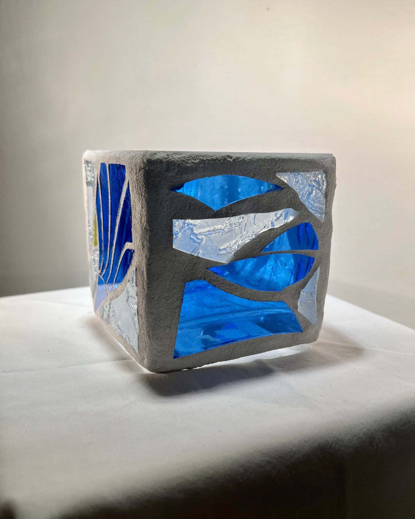 "Sno-Cone" Stained Glass Candleholder, Cool blue and clear glass for summer, or anytime!