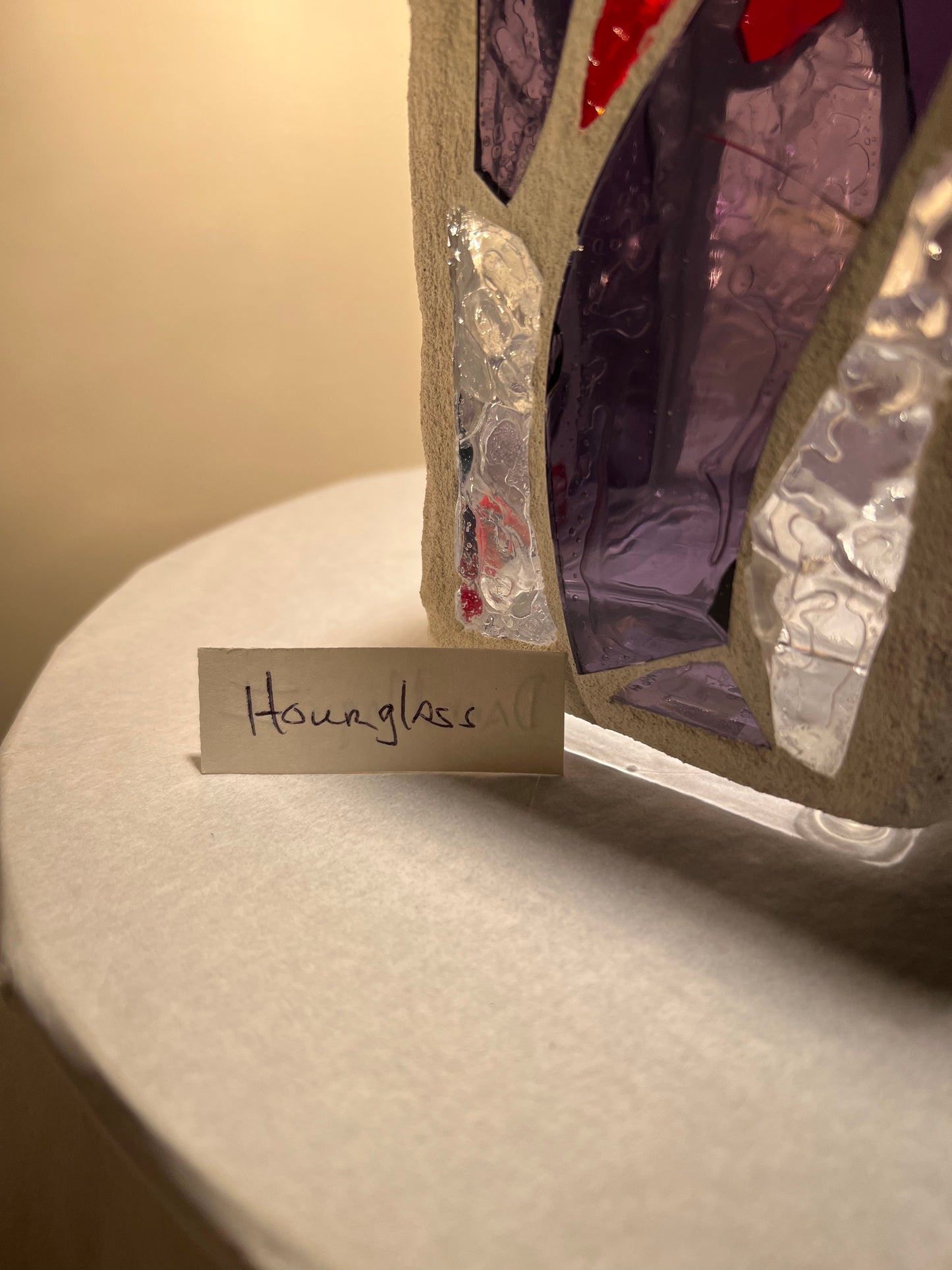 "Hourglass" Stained Glass Candleholder, 6x3 with Purple, Red, and Crystal Clear Design - Cathedral Candles by Martsolf Design