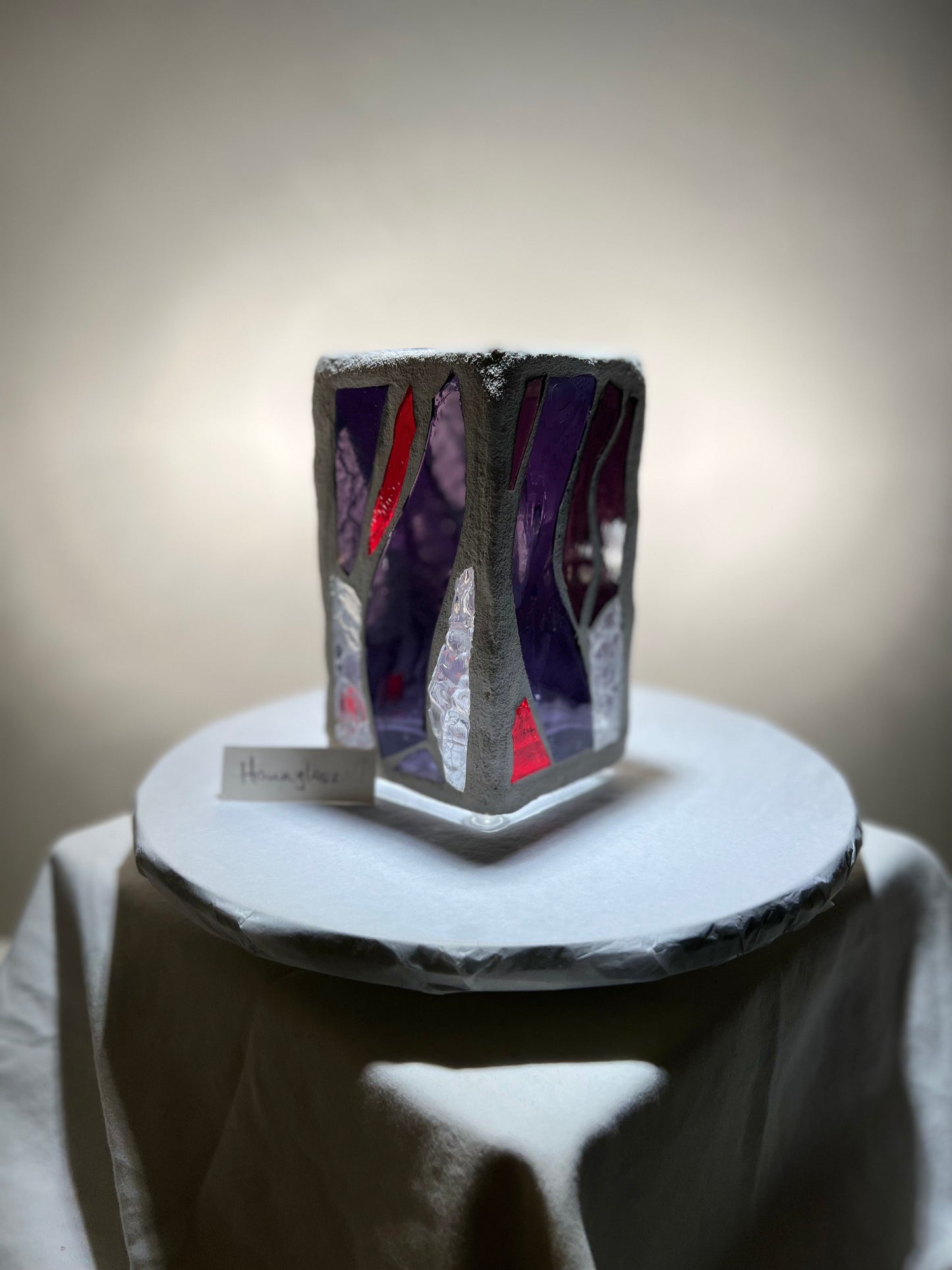 "Hourglass" Stained Glass Candleholder, 6x3 with Purple, Red, and Crystal Clear Design - Cathedral Candles by Martsolf Design