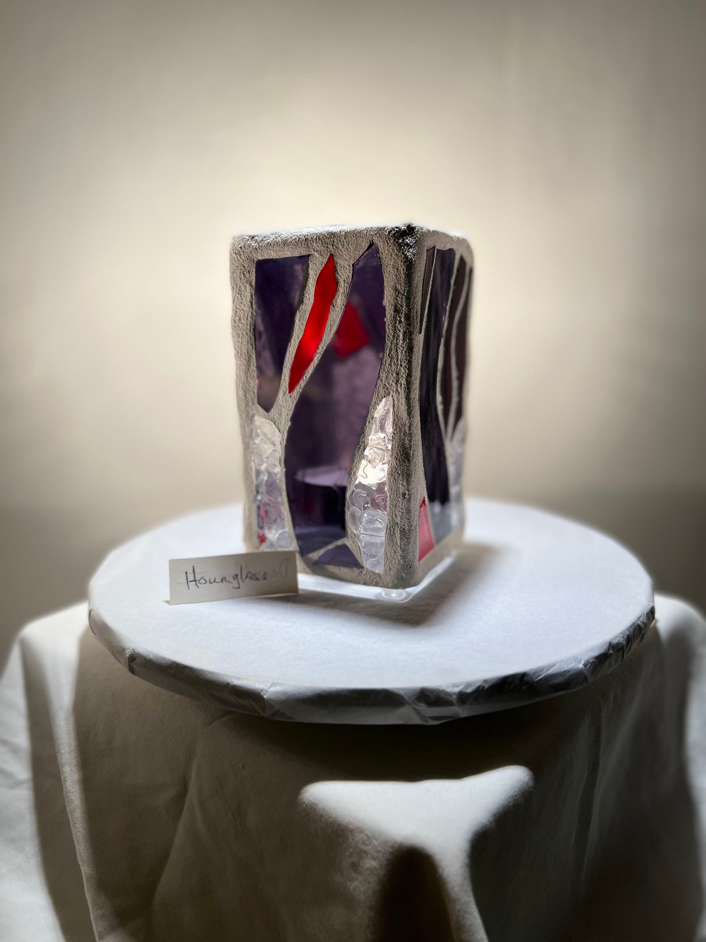 "Hourglass" Stained Glass Candleholder, 6x3 with Purple, Red, and Crystal Clear Design - Cathedral Candles by Martsolf Design