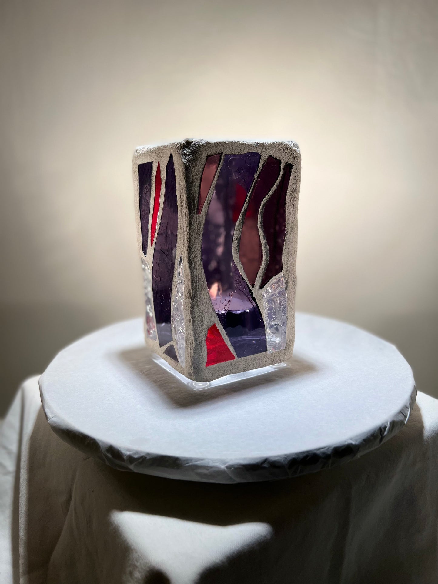 "Hourglass" Stained Glass Candleholder, 6x3 with Purple, Red, and Crystal Clear Design - Cathedral Candles by Martsolf Design