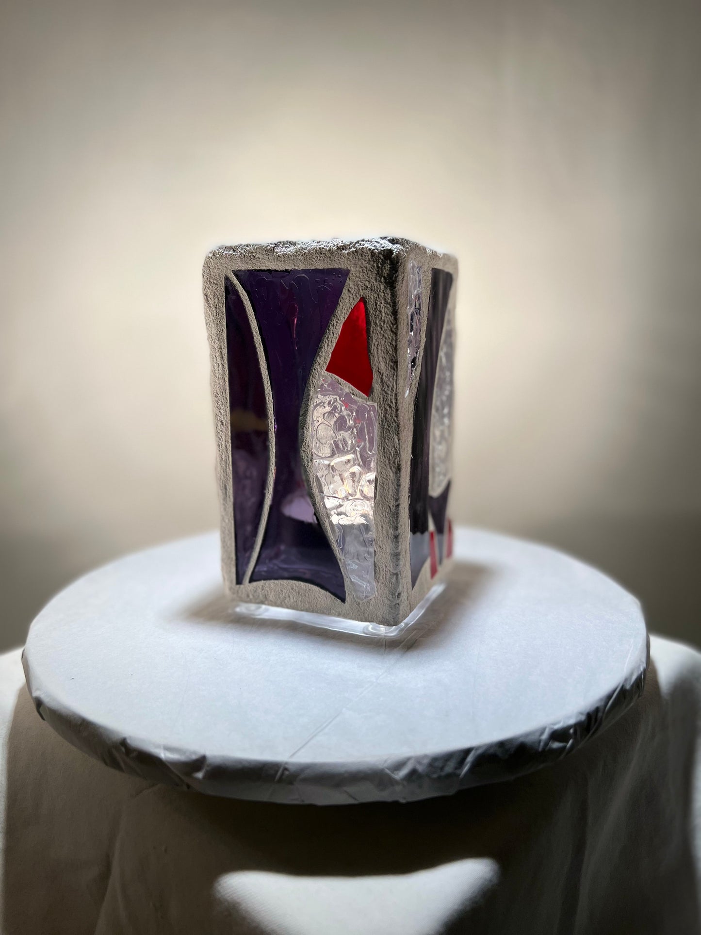 "Hourglass" Stained Glass Candleholder, 6x3 with Purple, Red, and Crystal Clear Design - Cathedral Candles by Martsolf Design