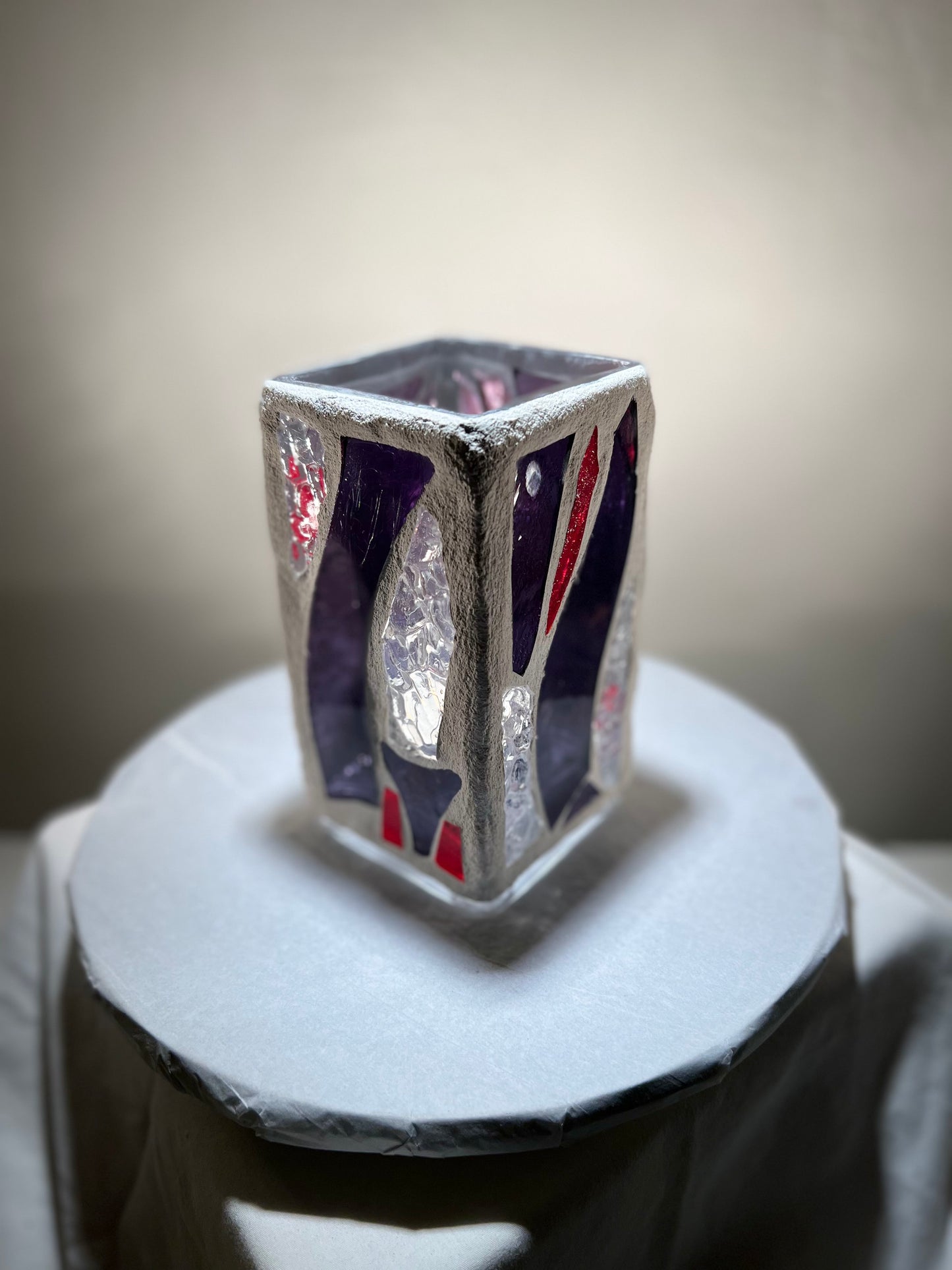 "Hourglass" Stained Glass Candleholder, 6x3 with Purple, Red, and Crystal Clear Design - Cathedral Candles by Martsolf Design