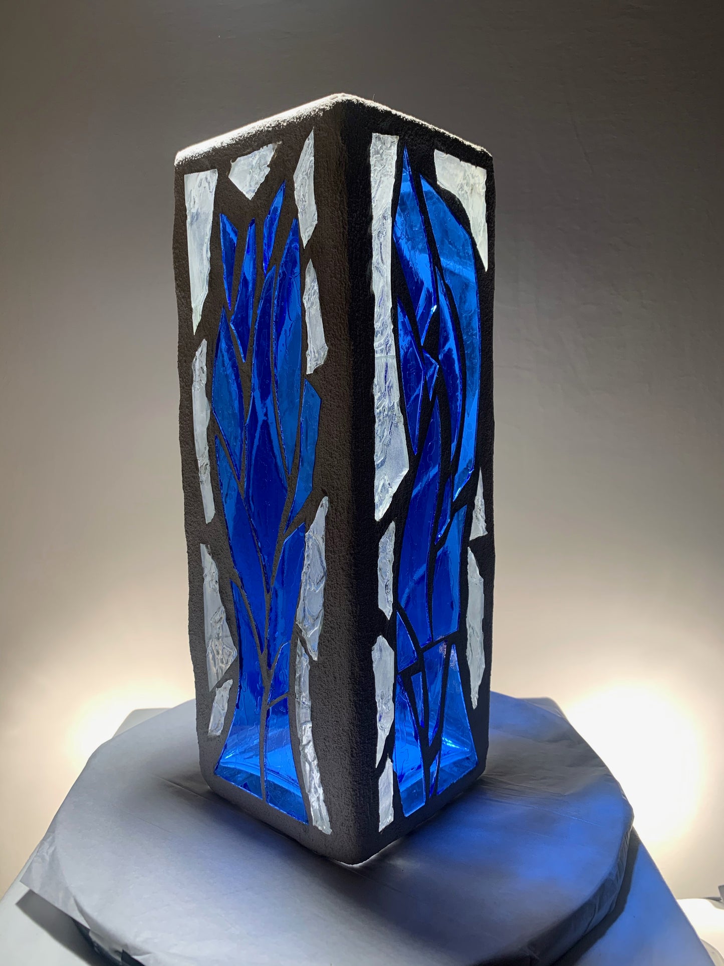 "The Blue Sea" Stained Glass Candle Holder – 4x4x12” Tall, Custom Blue Glass Design | Cathedral Candles