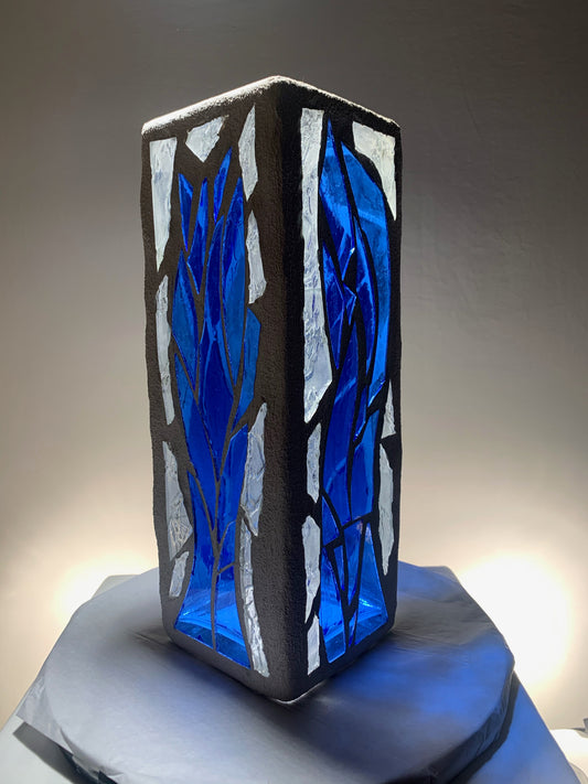 "The Blue Sea" Stained Glass Candle Holder – 4x4x12” Tall, Custom Blue Glass Design | Cathedral Candles