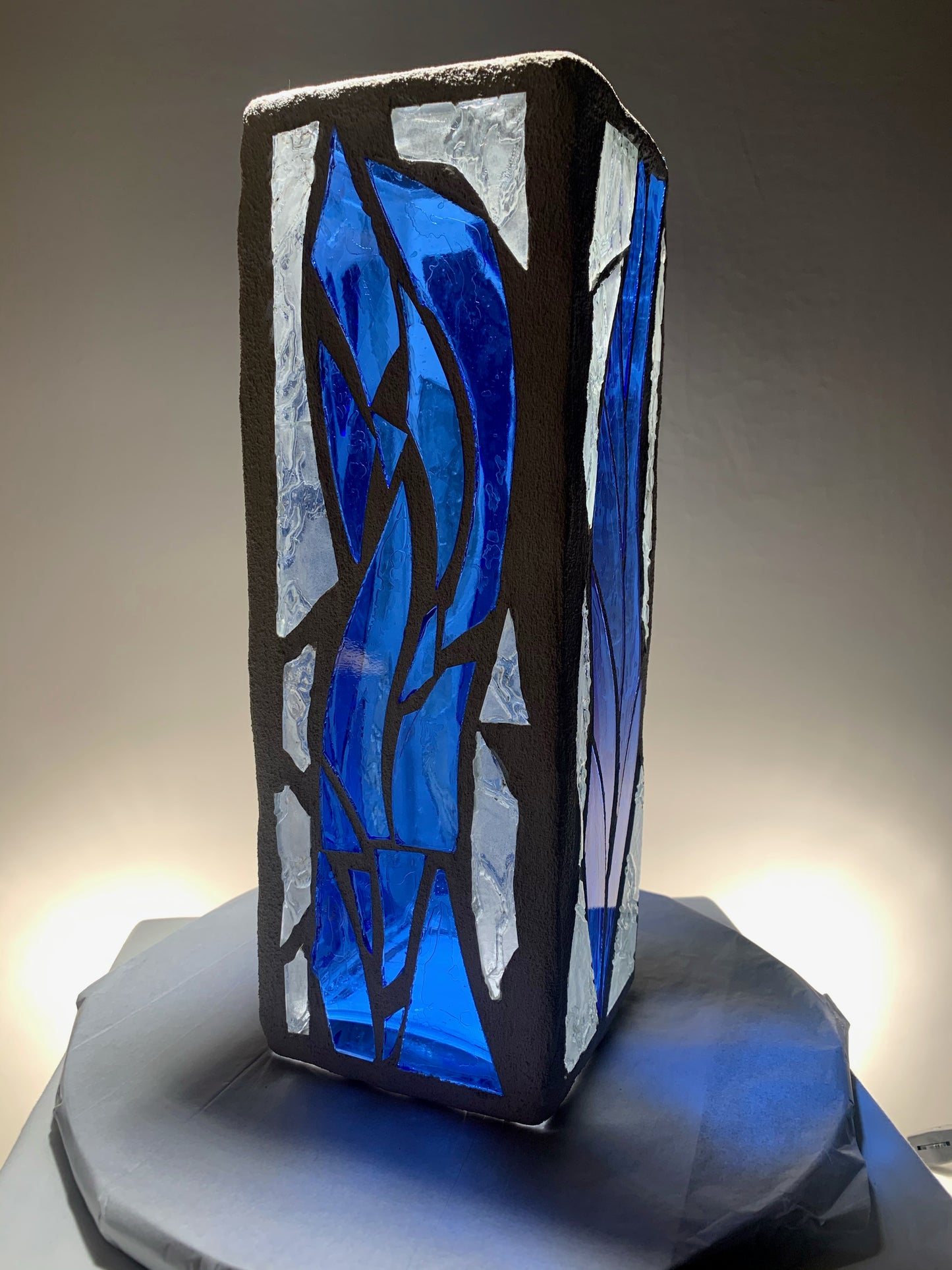 "The Blue Sea" Stained Glass Candle Holder – 4x4x12” Tall, Custom Blue Glass Design | Cathedral Candles