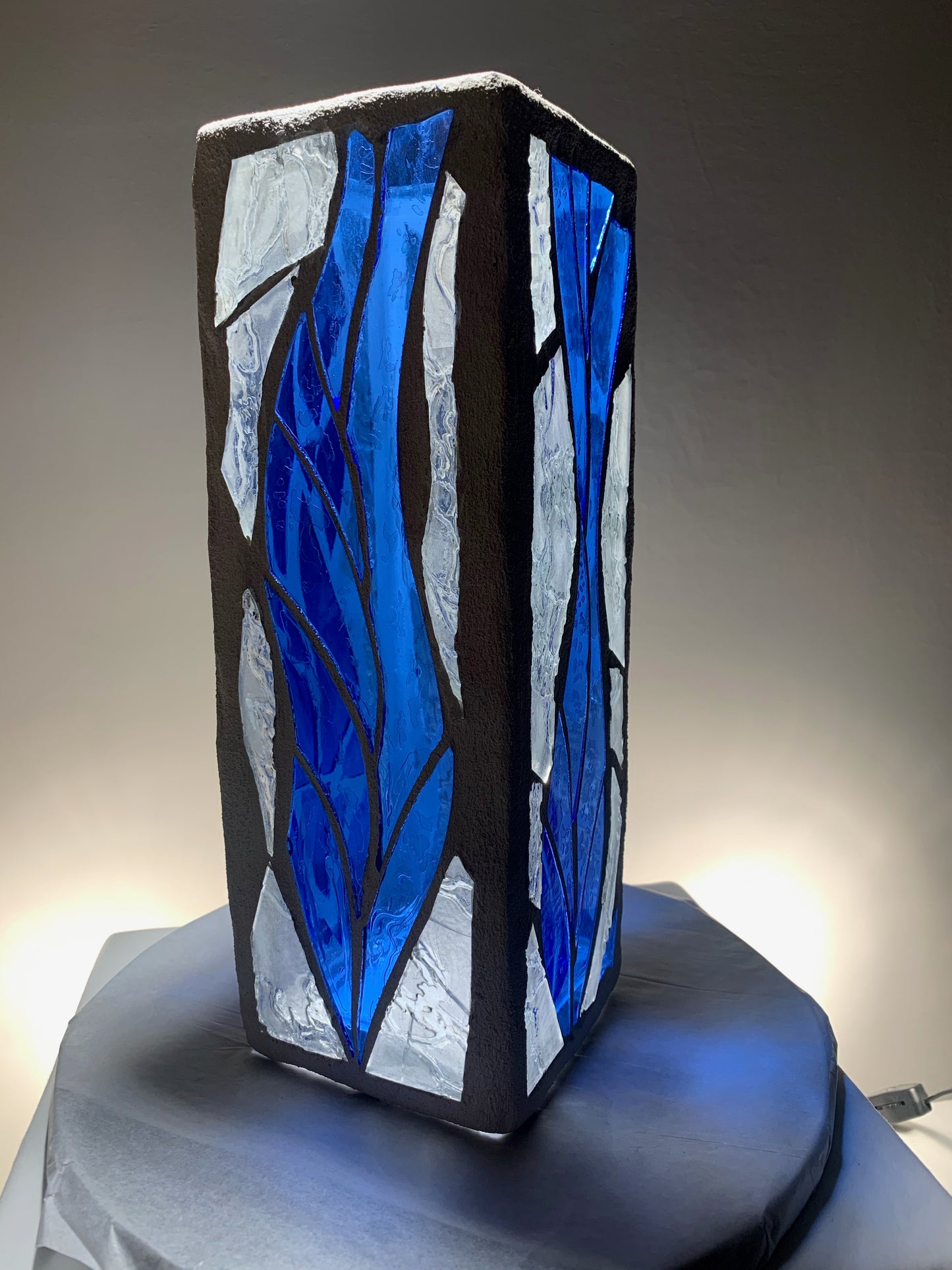 "The Blue Sea" Stained Glass Candle Holder – 4x4x12” Tall, Custom Blue Glass Design | Cathedral Candles