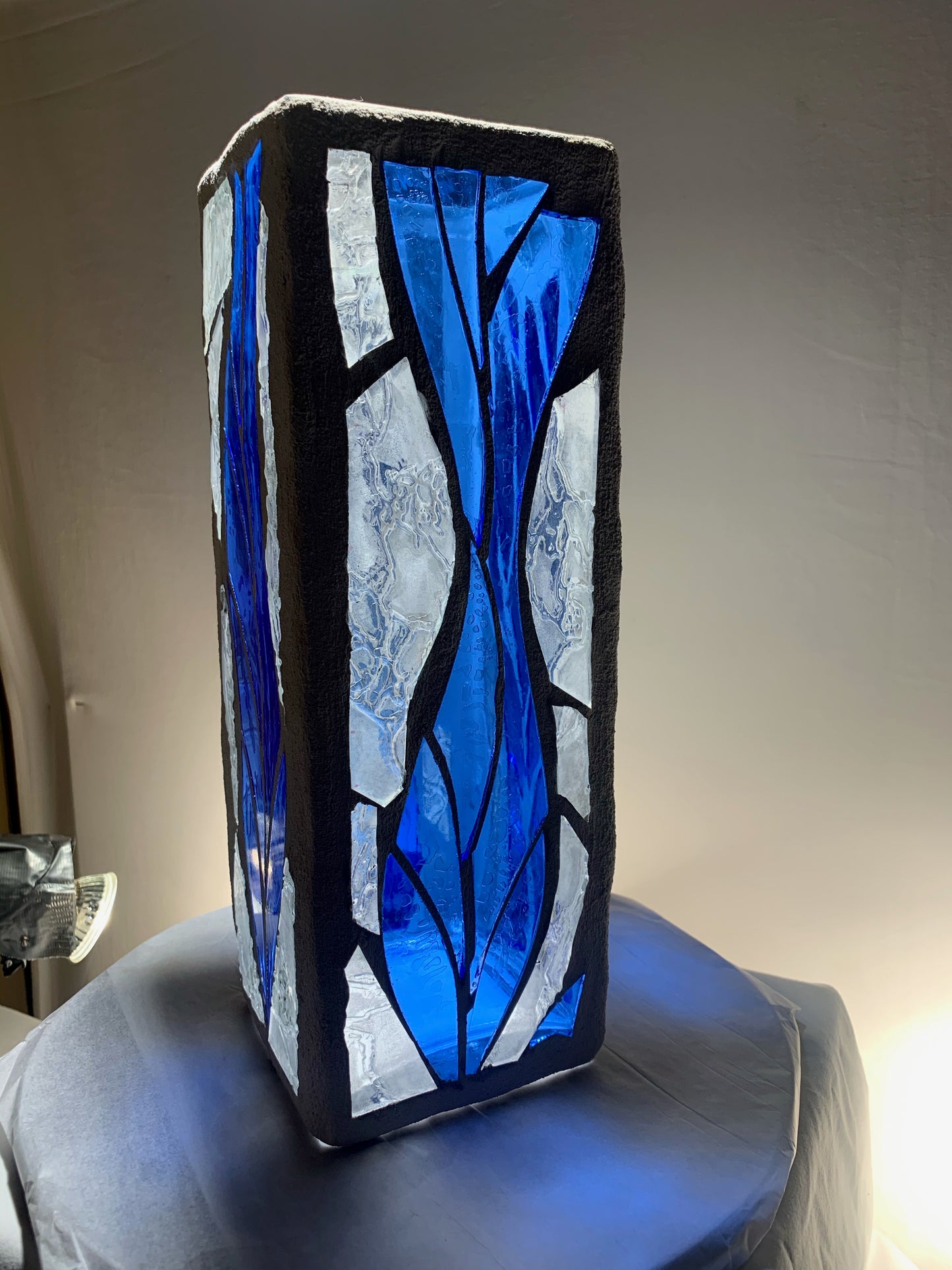 "The Blue Sea" Stained Glass Candle Holder – 4x4x12” Tall, Custom Blue Glass Design | Cathedral Candles