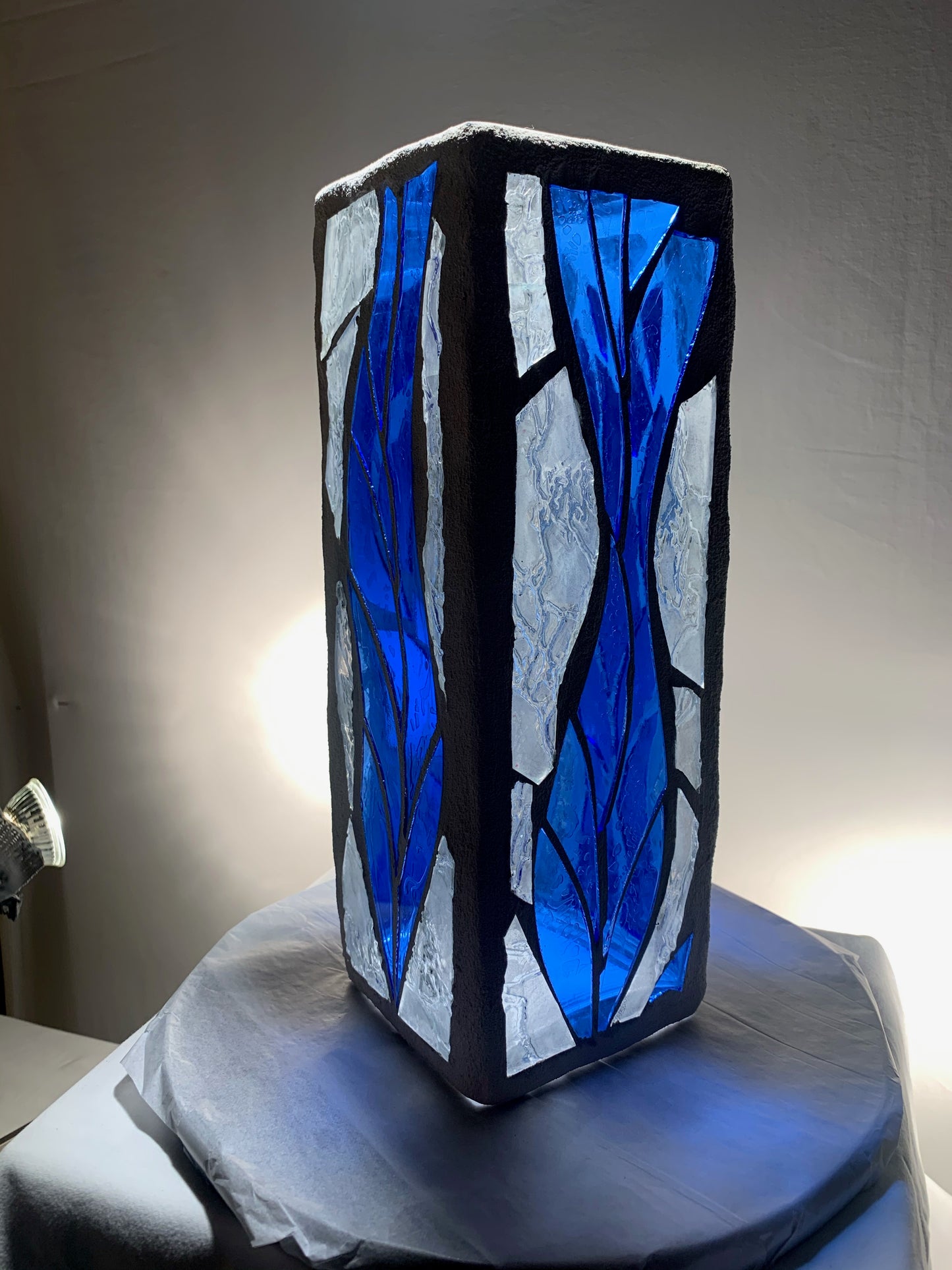 "The Blue Sea" Stained Glass Candle Holder – 4x4x12” Tall, Custom Blue Glass Design | Cathedral Candles