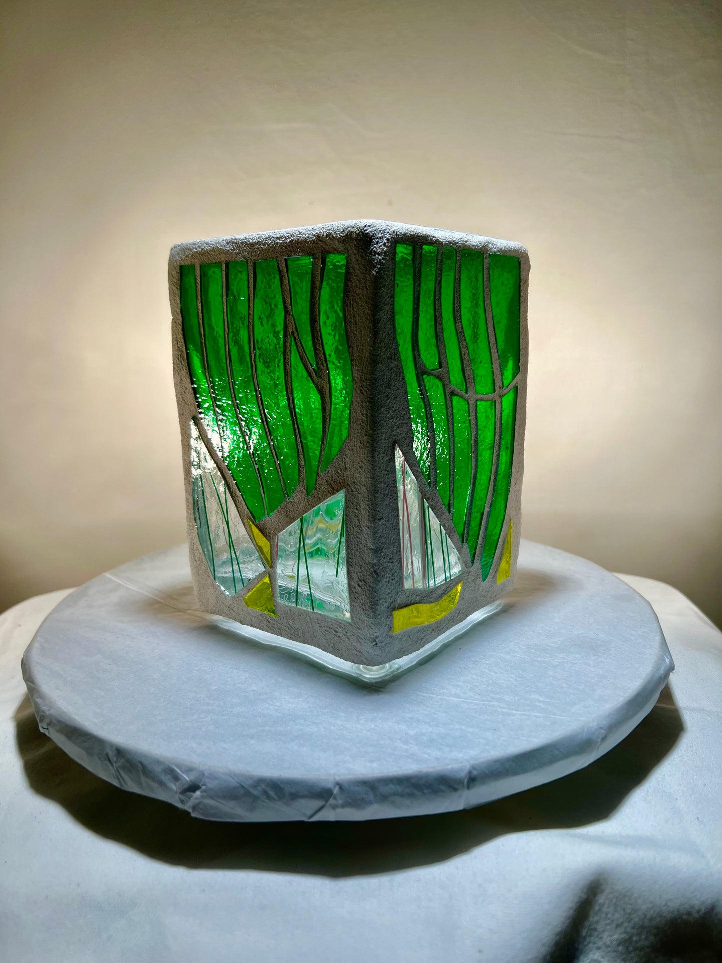 "Stalactite ll" Stained glass-candleholder, green, and crystal-clear glass, white grout, Cathedral Candles