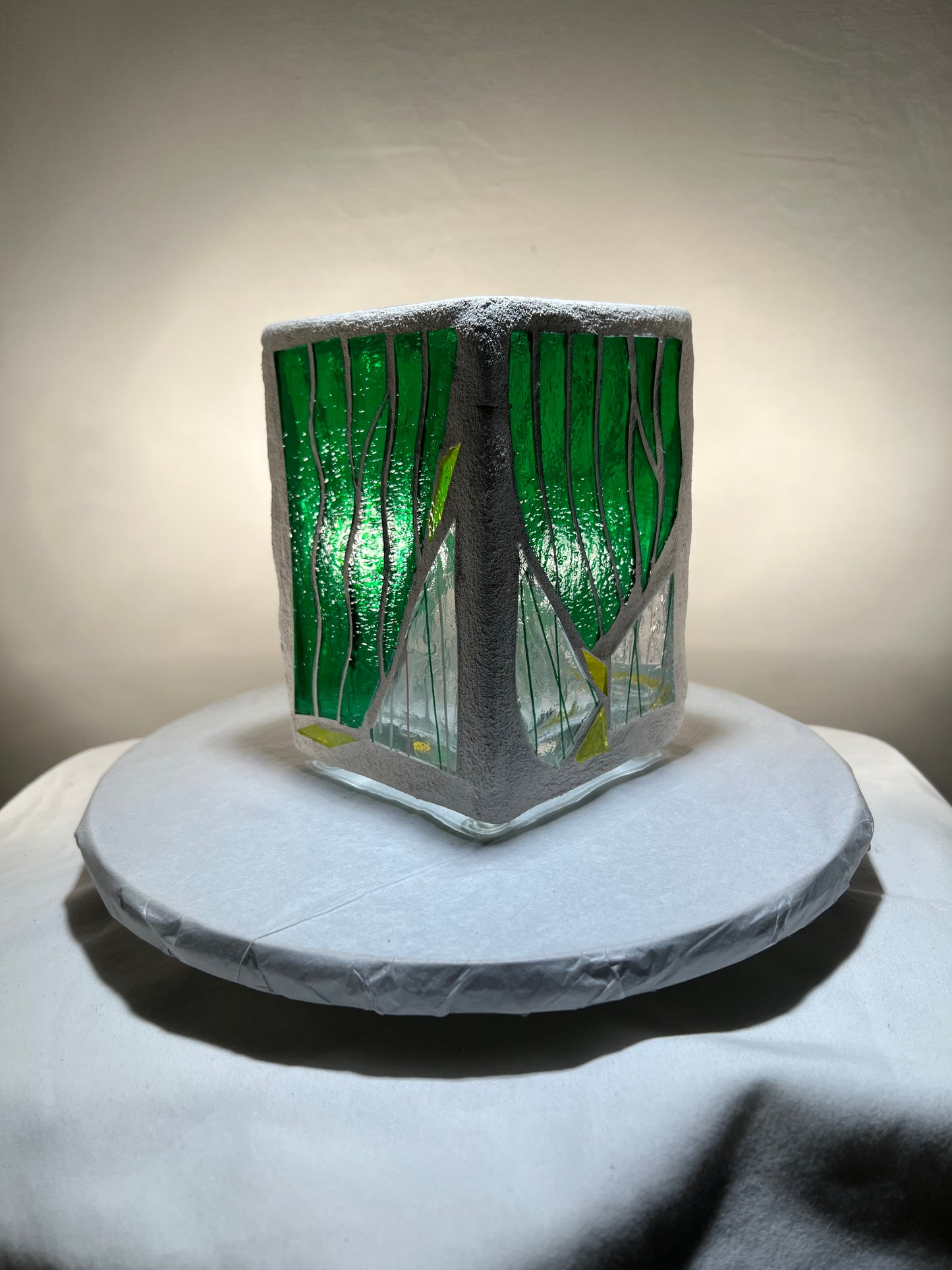 "Stalactite ll" Stained glass-candleholder, green, and crystal-clear glass, white grout, Cathedral Candles