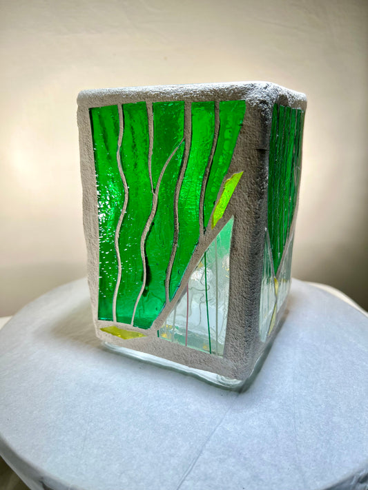 "Stalactite ll" Stained glass-candleholder, green, and crystal-clear glass, white grout, Cathedral Candles