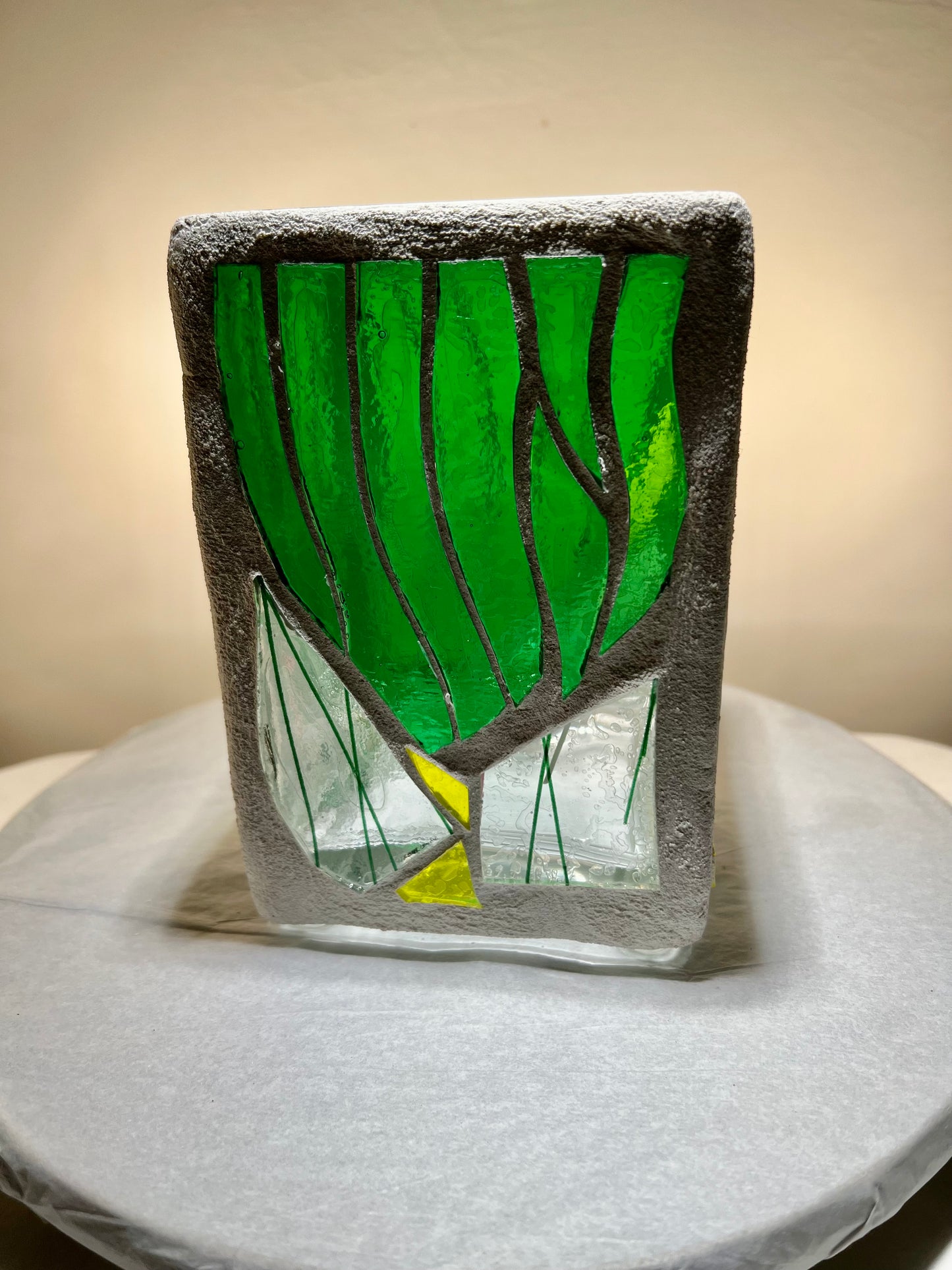 "Stalactite ll" Stained glass-candleholder, green, and crystal-clear glass, white grout, Cathedral Candles