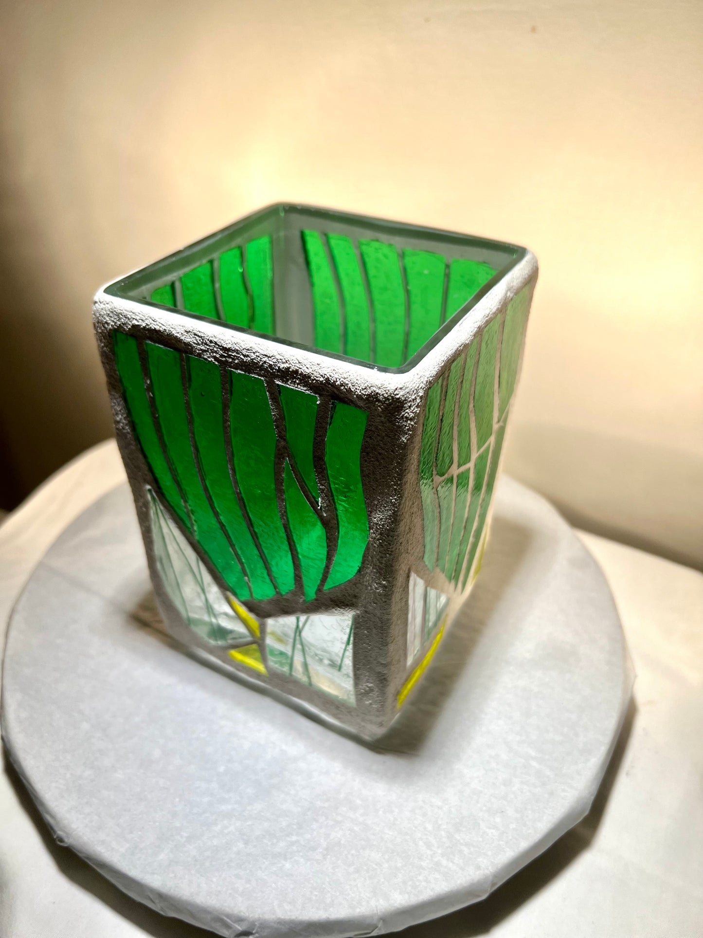 "Stalactite ll" Stained glass-candleholder, green, and crystal-clear glass, white grout, Cathedral Candles