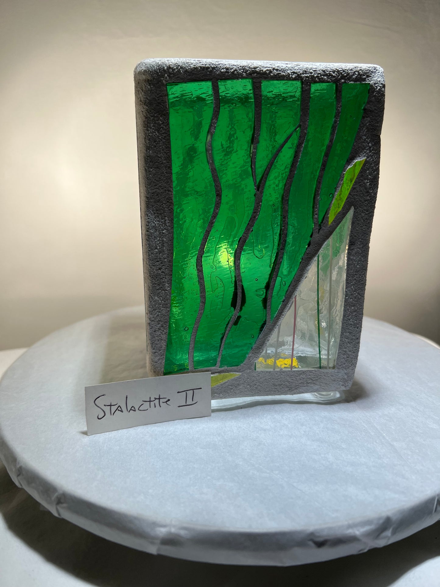 "Stalactite ll" Stained glass-candleholder, green, and crystal-clear glass, white grout, Cathedral Candles