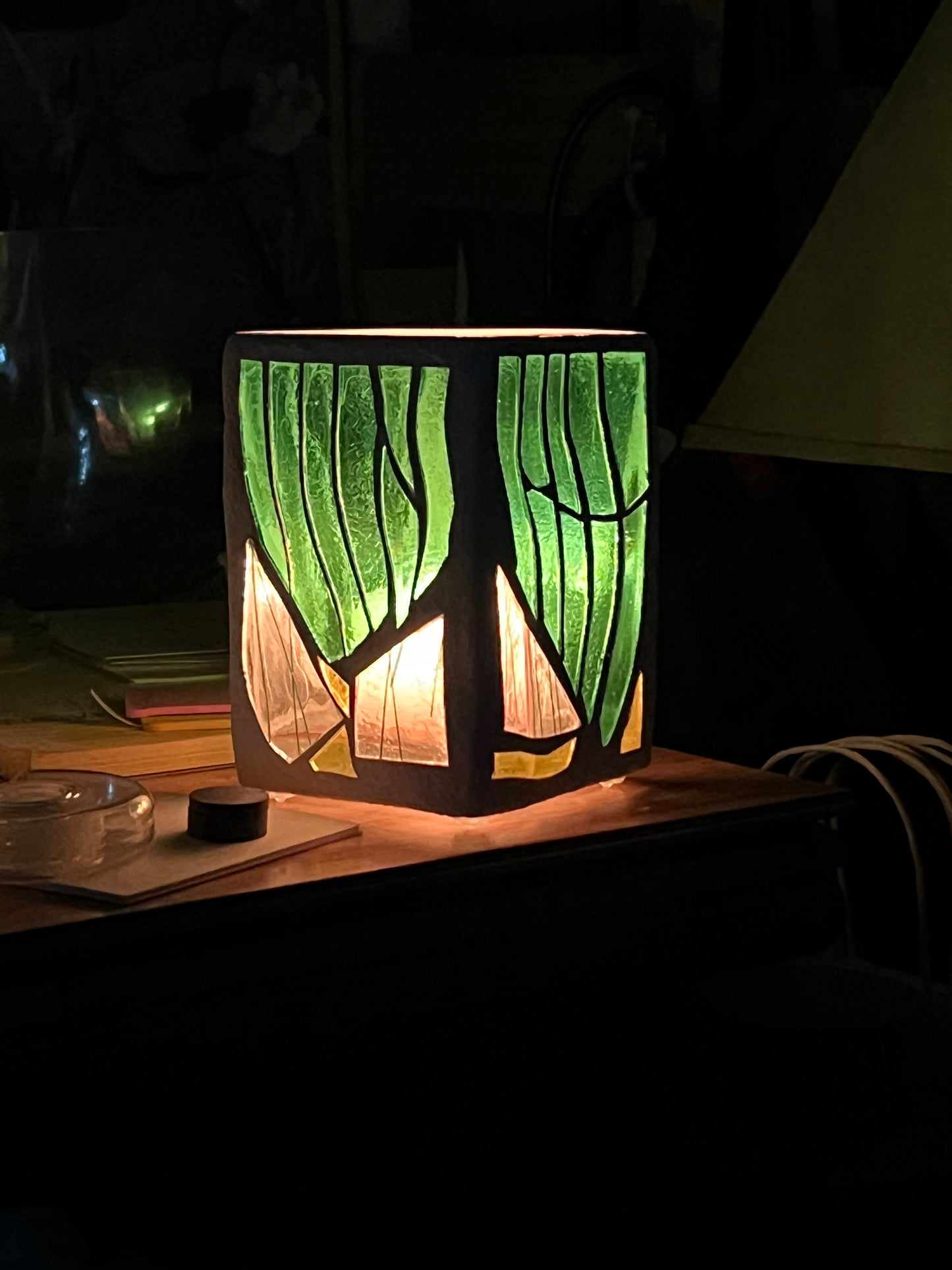 "Stalactite ll" Stained glass-candleholder, green, and crystal-clear glass, white grout, Cathedral Candles