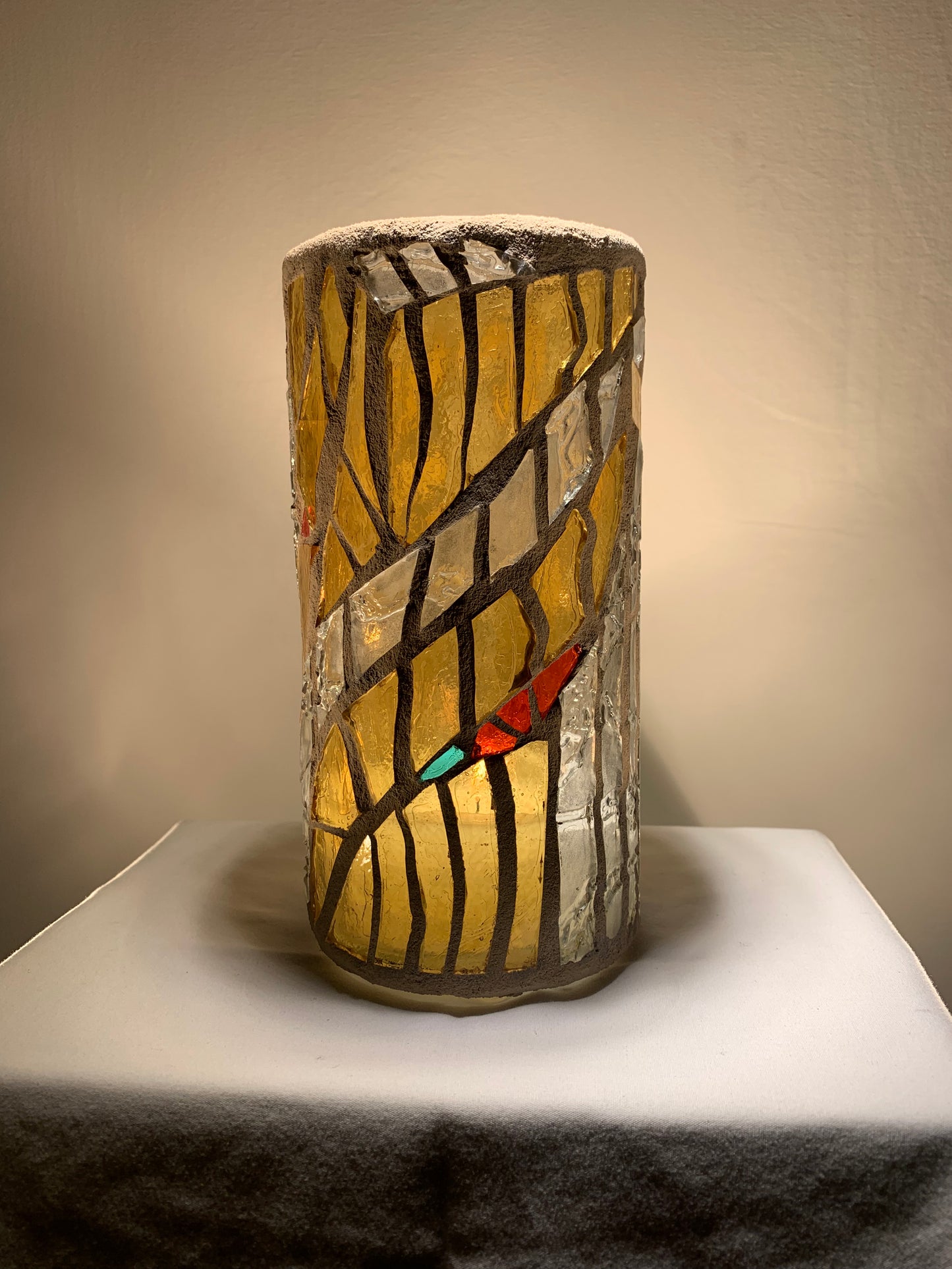 "Morning Glow" Stained Glass Candle Holder - Sunny Yellow, Sunrise Red, and Bright White, 8"x3" Round Vase"