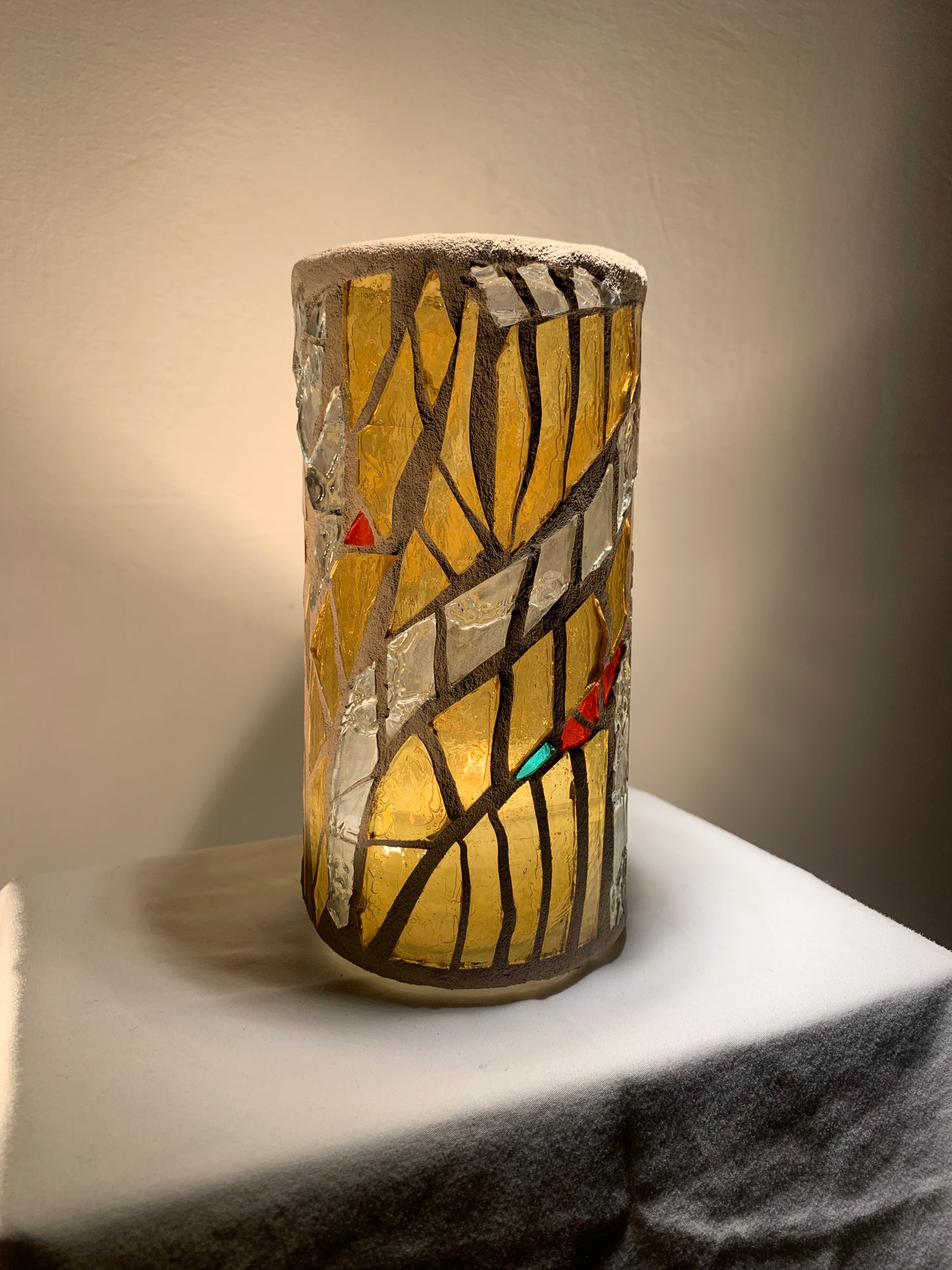 "Morning Glow" Stained Glass Candle Holder - Sunny Yellow, Sunrise Red, and Bright White, 8"x3" Round Vase"