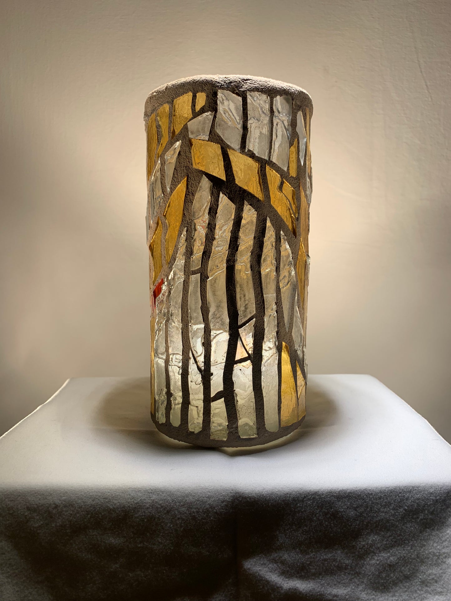 "Morning Glow" Stained Glass Candle Holder - Sunny Yellow, Sunrise Red, and Bright White, 8"x3" Round Vase"