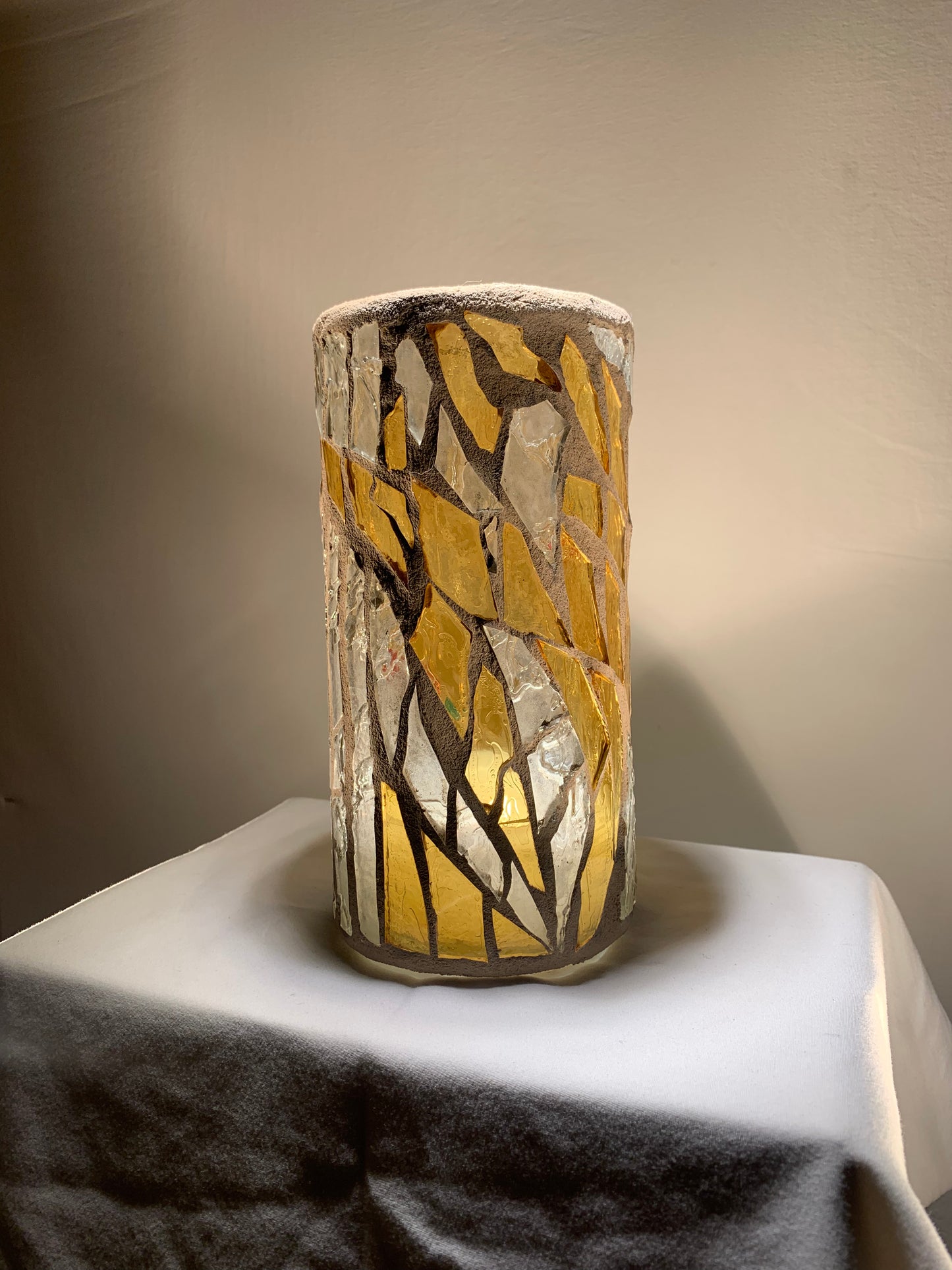 "Morning Glow" Stained Glass Candle Holder - Sunny Yellow, Sunrise Red, and Bright White, 8"x3" Round Vase"
